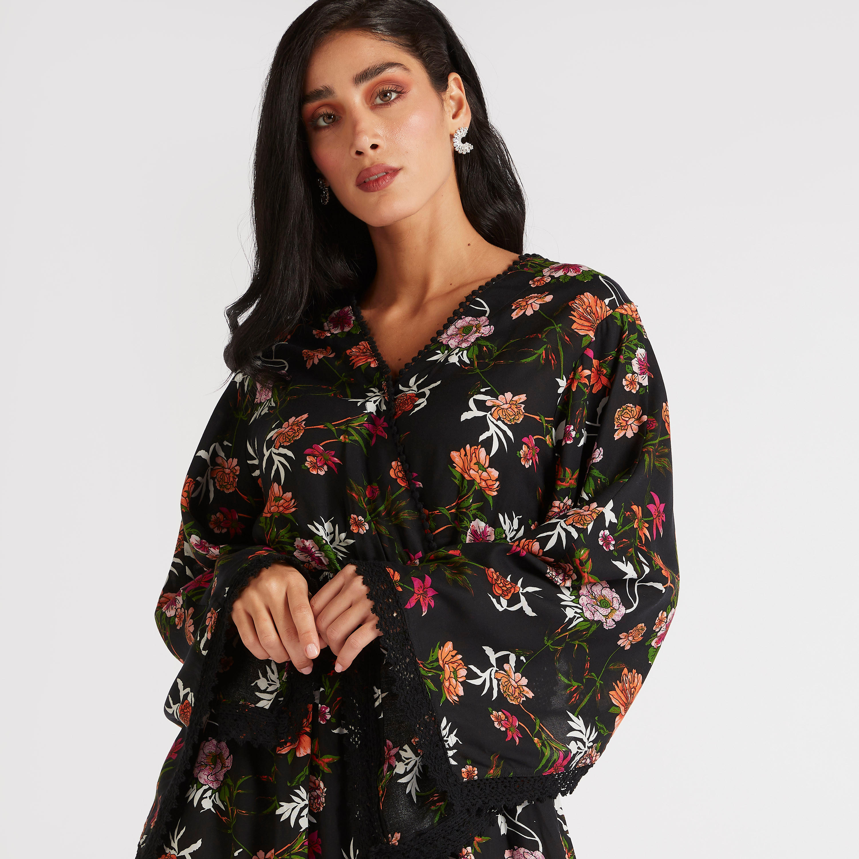 Floral Print Maxi Dress with Flared Sleeves & Lace Detail-women-clothing-dresses-image-8