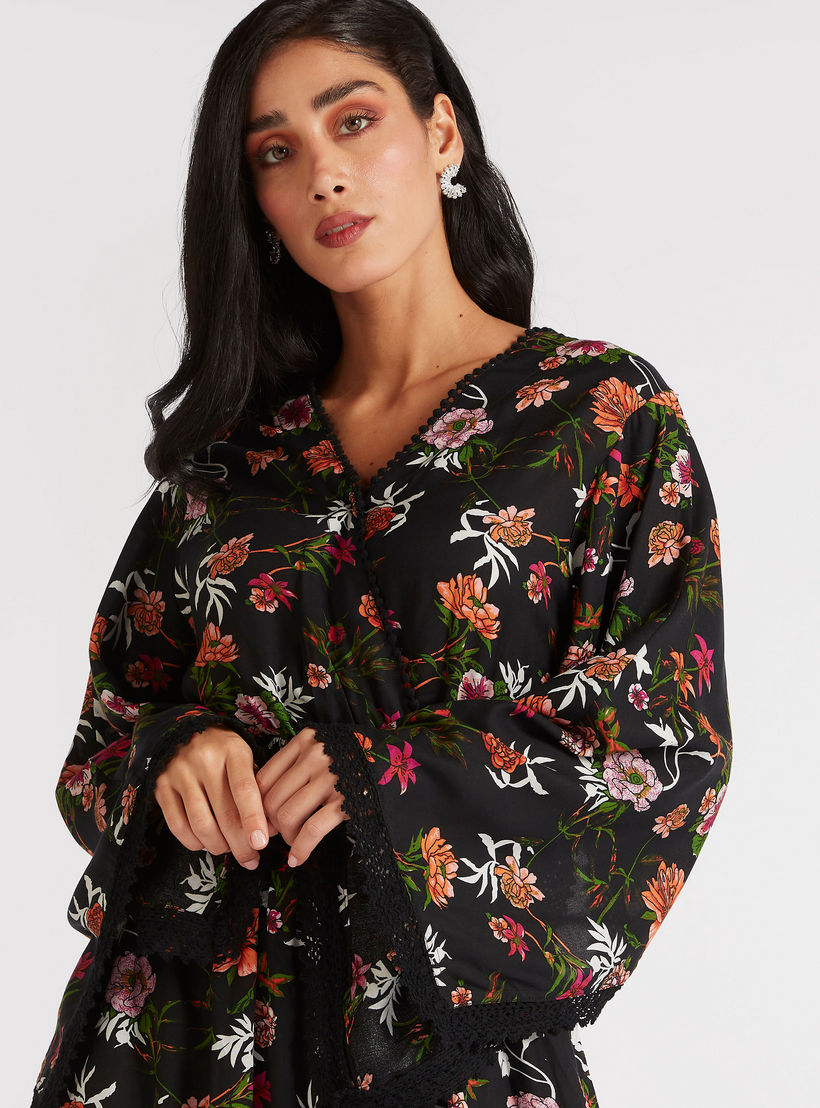 Floral Print Maxi Dress with Flared Sleeves & Lace Detail-women-clothing-dresses-image-8