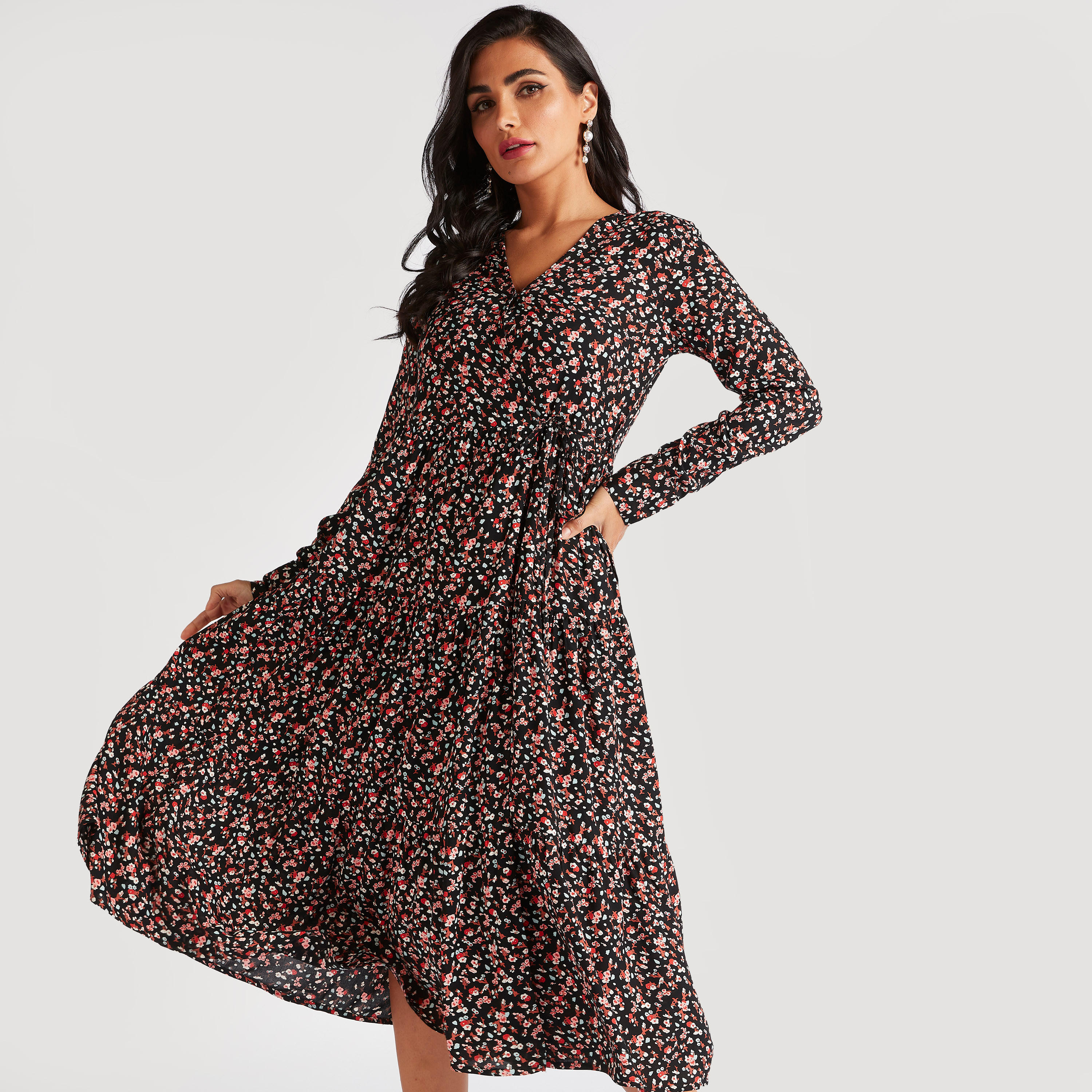 فستان ميدي ملفوف بأربطة وجيوب وطبعات أزهار-women-clothing-dresses-image-1