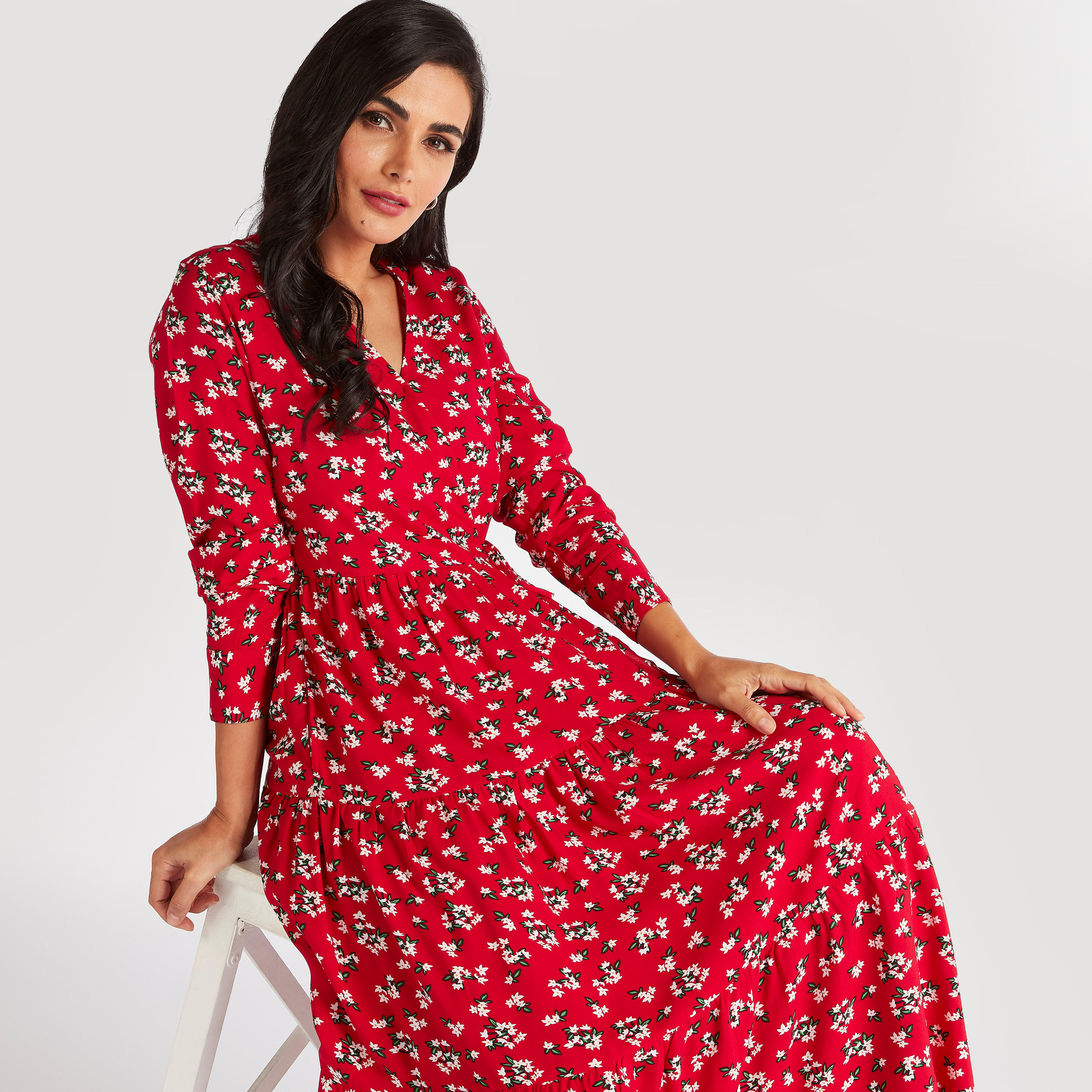 فستان طويل ملفوف بأربطة وجيوب وطبعات زهرية-women-clothing-dresses-image-1