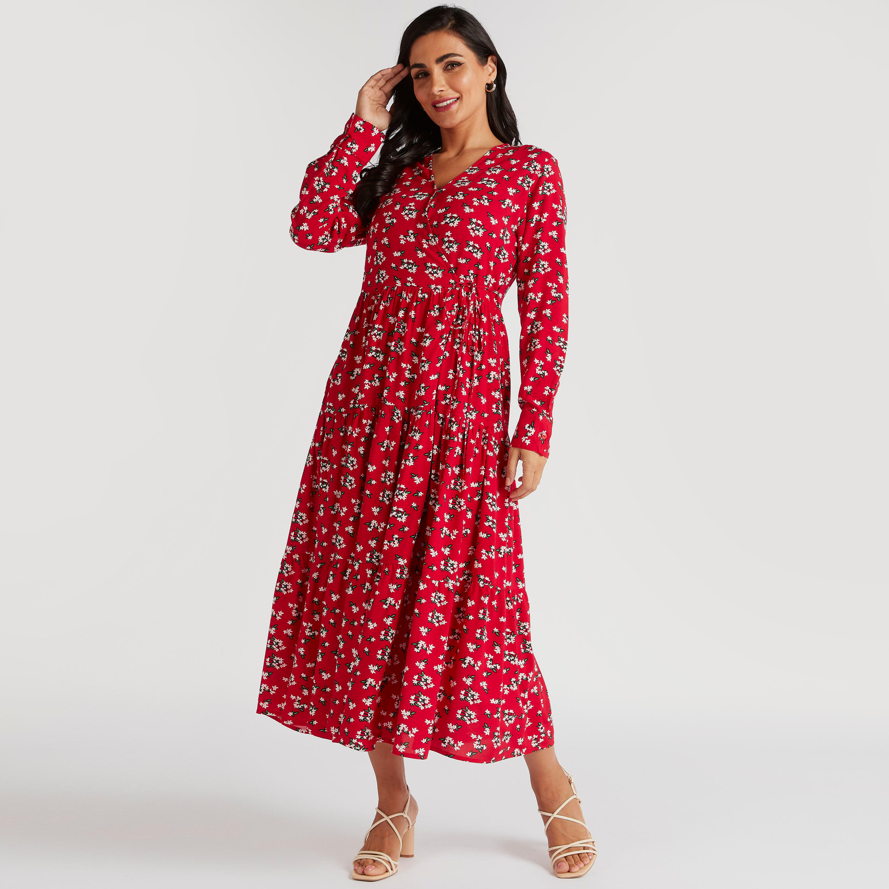 فستان طويل ملفوف بأربطة وجيوب وطبعات زهرية-women-clothing-dresses-image-2