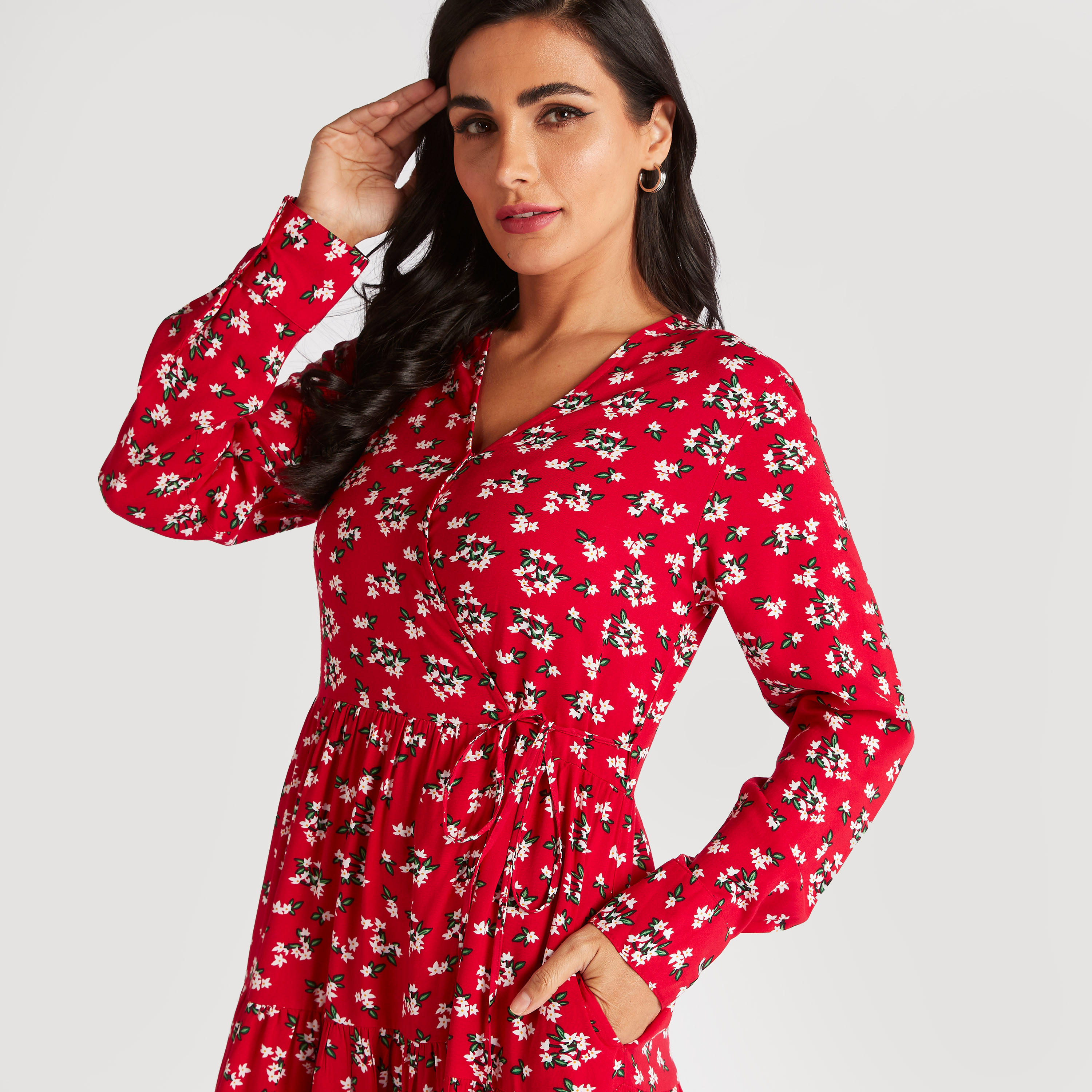 فستان طويل ملفوف بأربطة وجيوب وطبعات زهرية-women-clothing-dresses-image-5