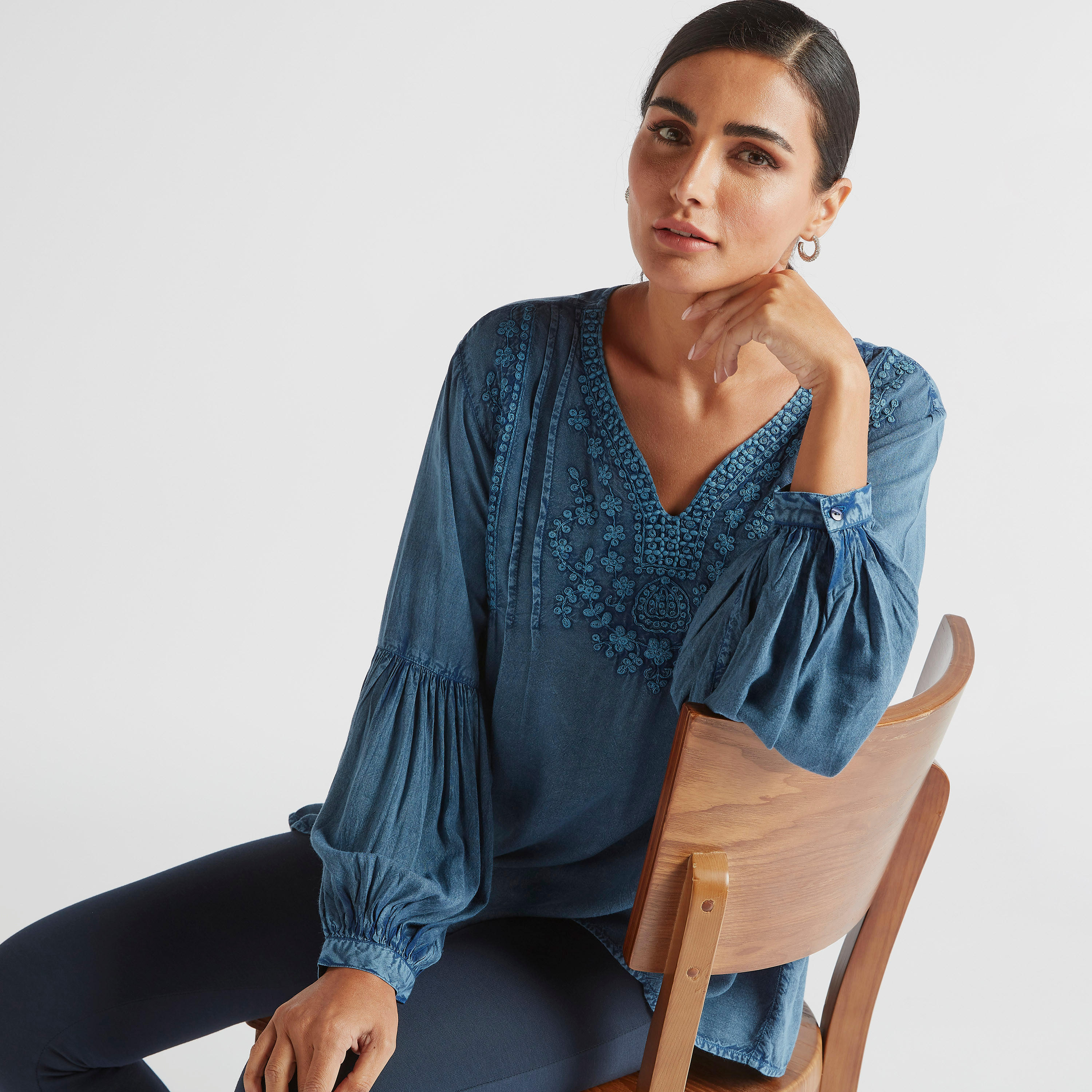 Embroidered V-neck Top with Bishop Sleeves-women-clothing-shirtsandblouses-blouses-image-1