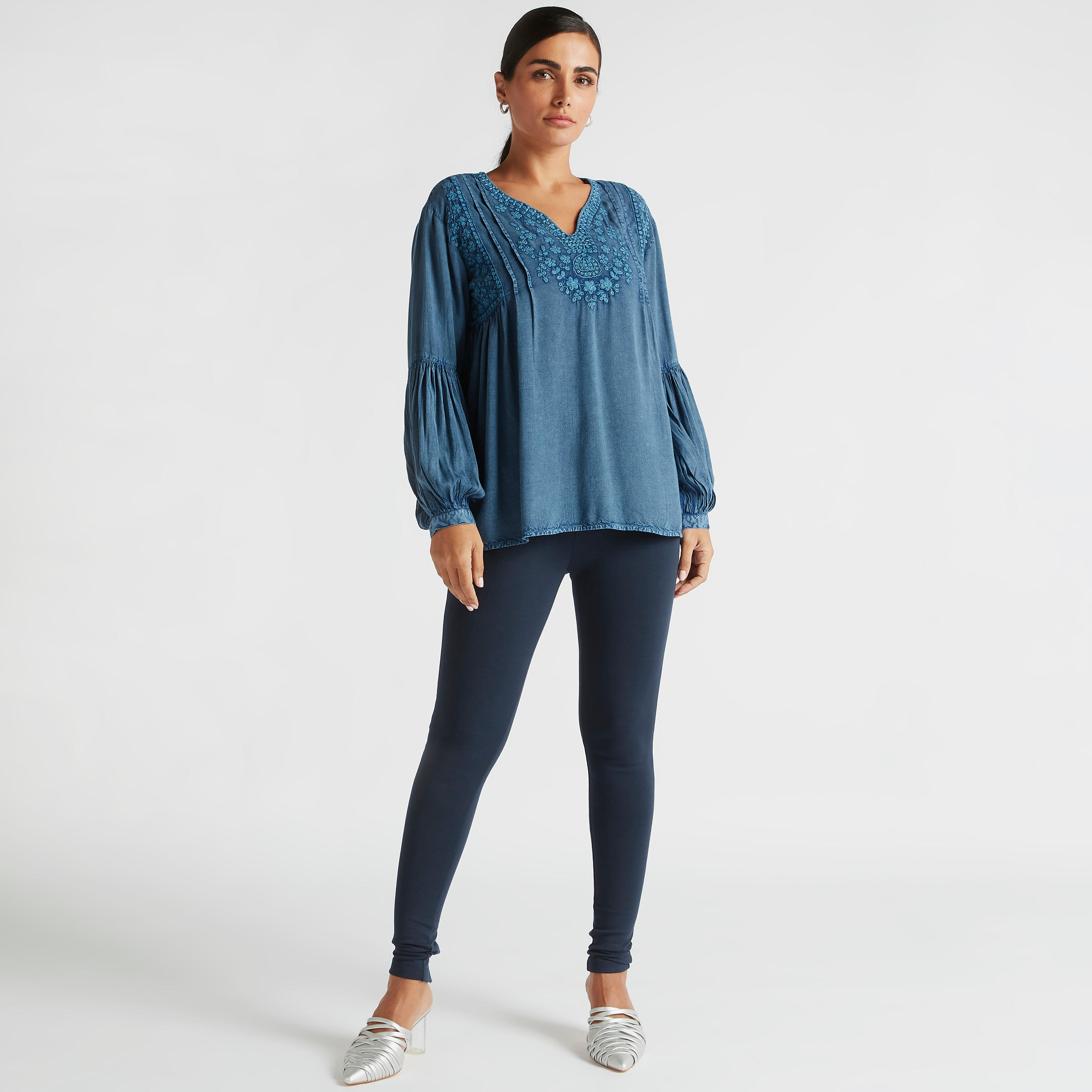 Embroidered V-neck Top with Bishop Sleeves-women-clothing-shirtsandblouses-blouses-image-2