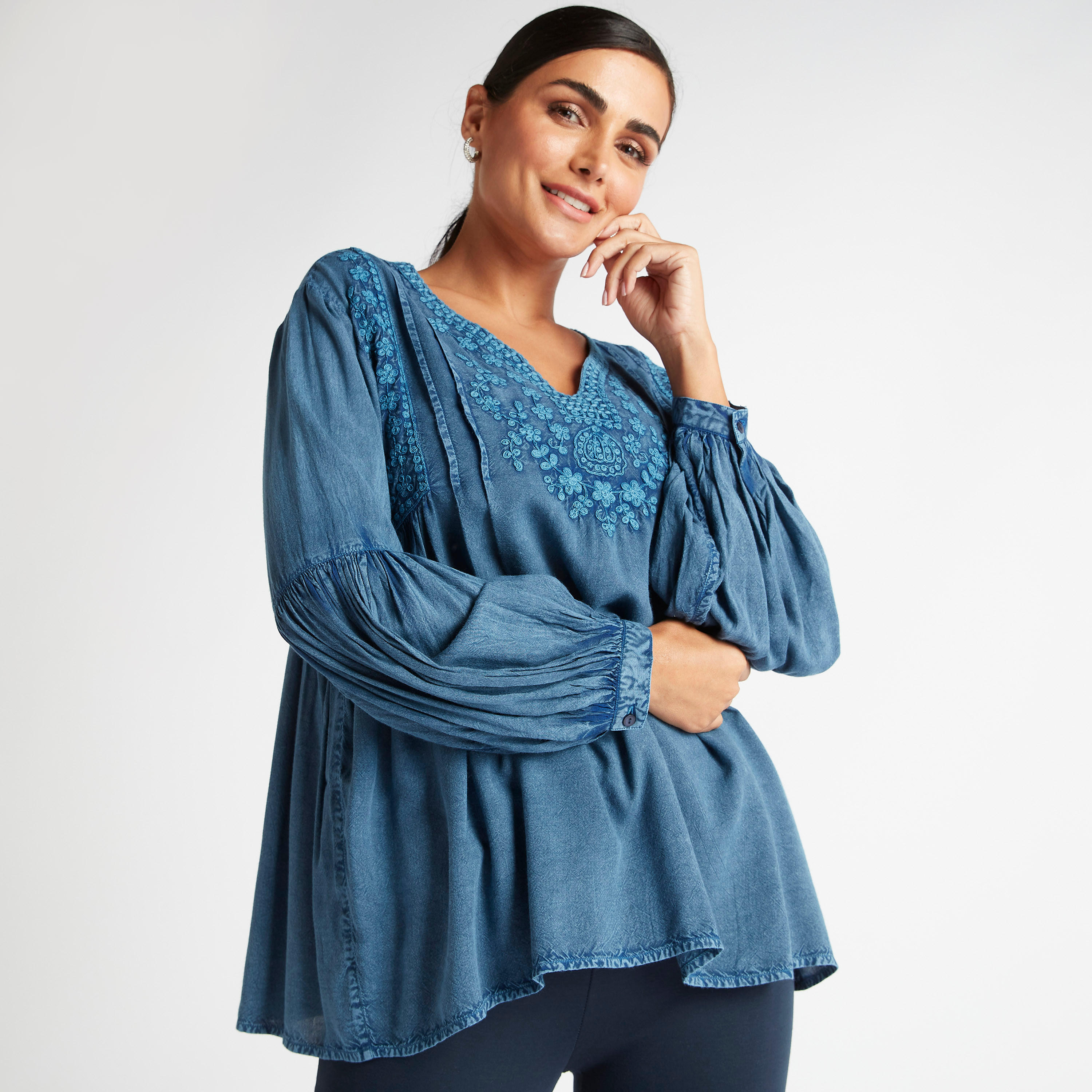 Embroidered V-neck Top with Bishop Sleeves-women-clothing-shirtsandblouses-blouses-image-5