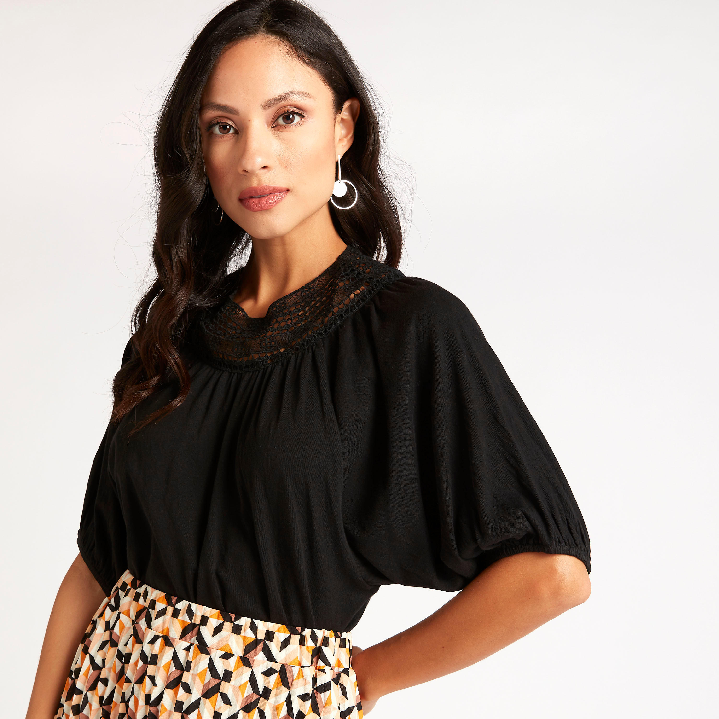 Lace Accented Top with Short Sleeves-women-clothing-shirtsandblouses-blouses-image-1