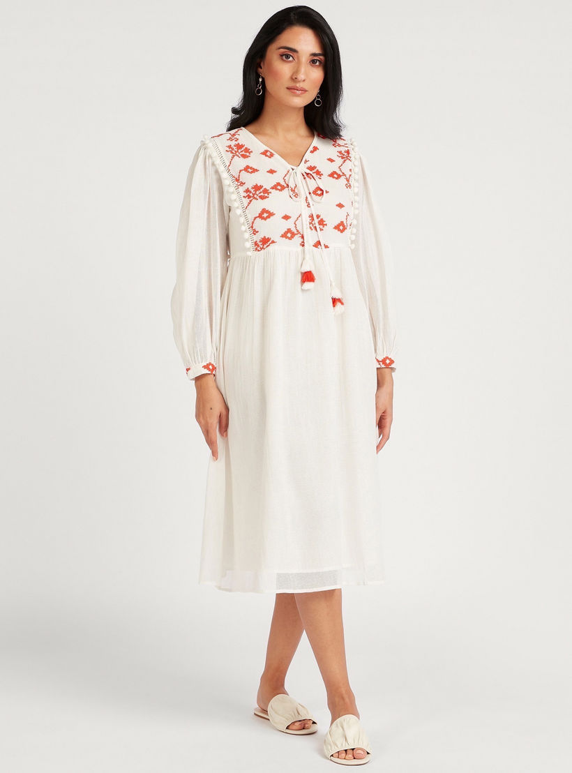 فستان ميدي إيه لاين مطرز بياقة V وأكمام طويلة-women-clothing-dresses-image-2