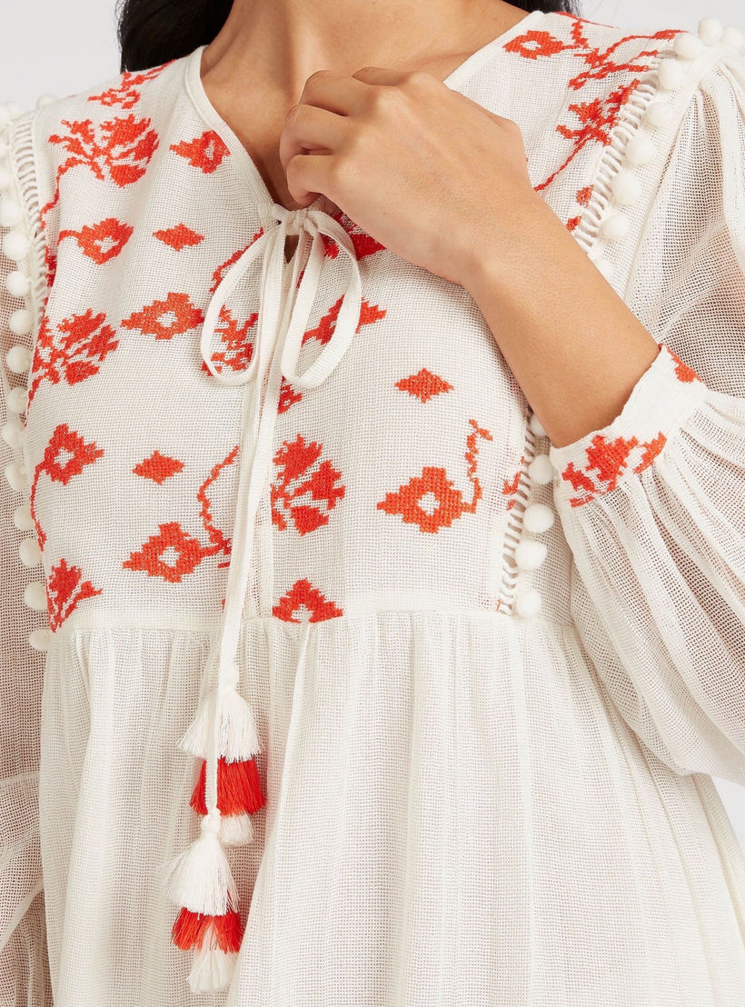 فستان ميدي إيه لاين مطرز بياقة V وأكمام طويلة-women-clothing-dresses-image-3
