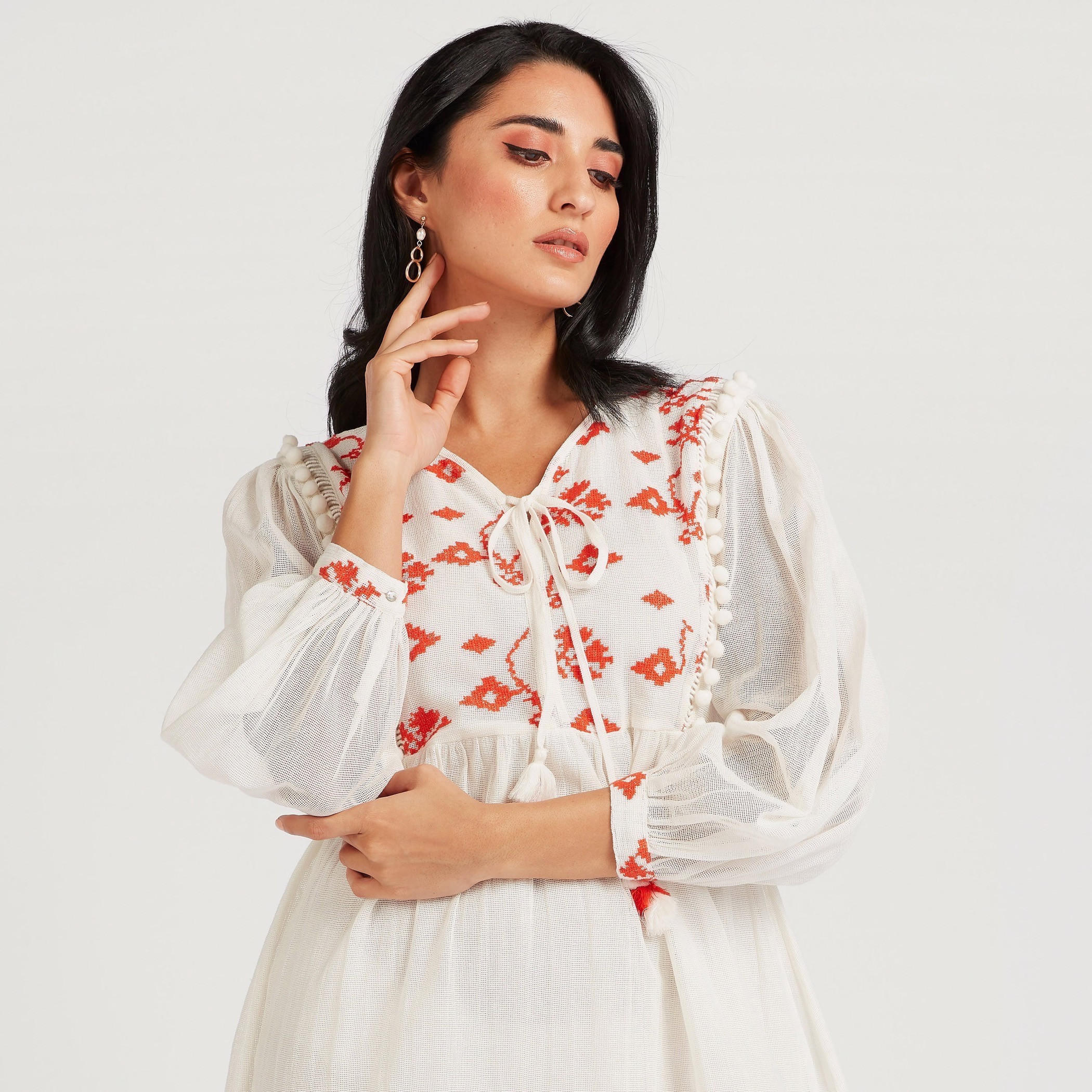 فستان ميدي إيه لاين مطرز بياقة V وأكمام طويلة-women-clothing-dresses-image-5