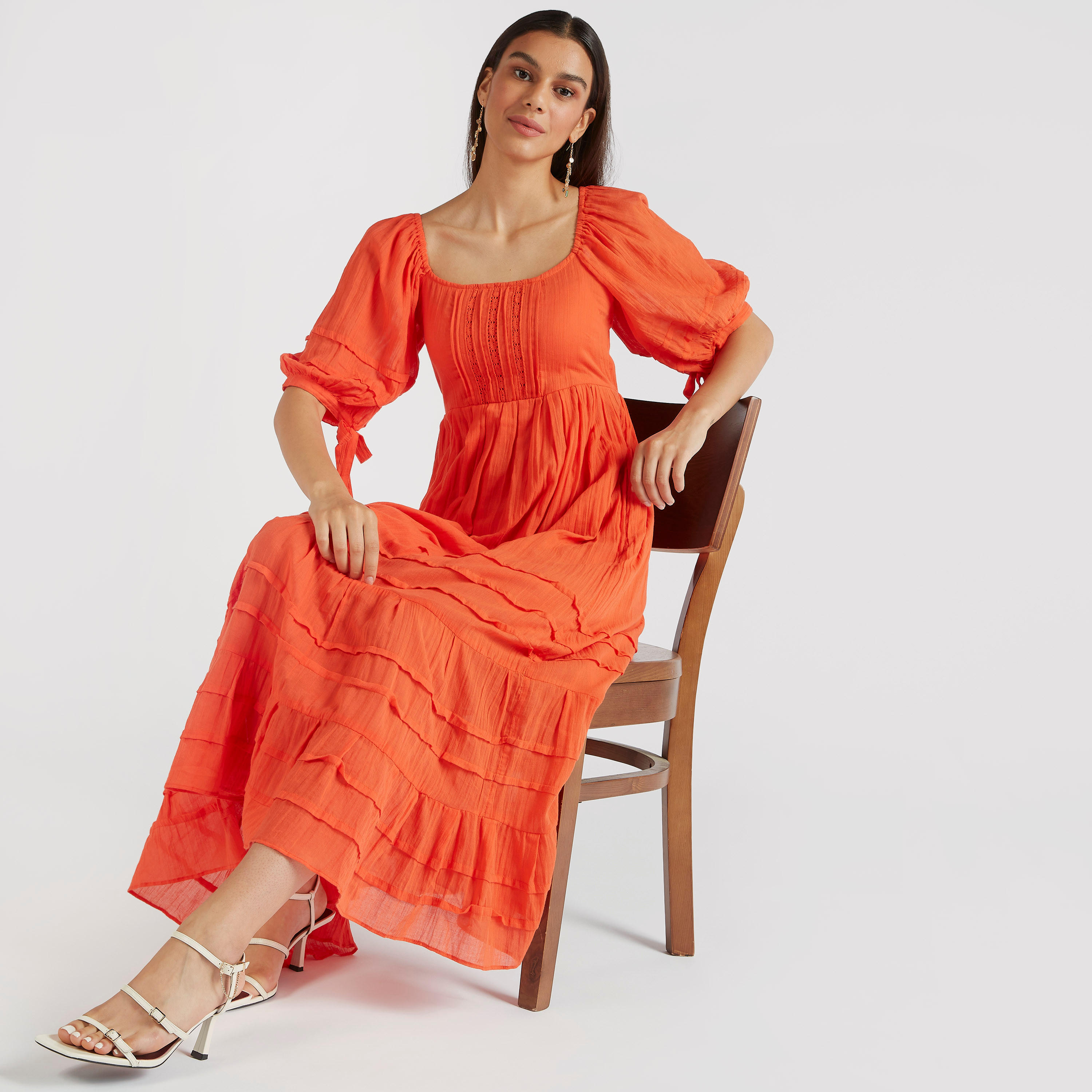 فستان طويل بارز الملمس بأكمام منفوخة قصيرة-women-clothing-dresses-image-6