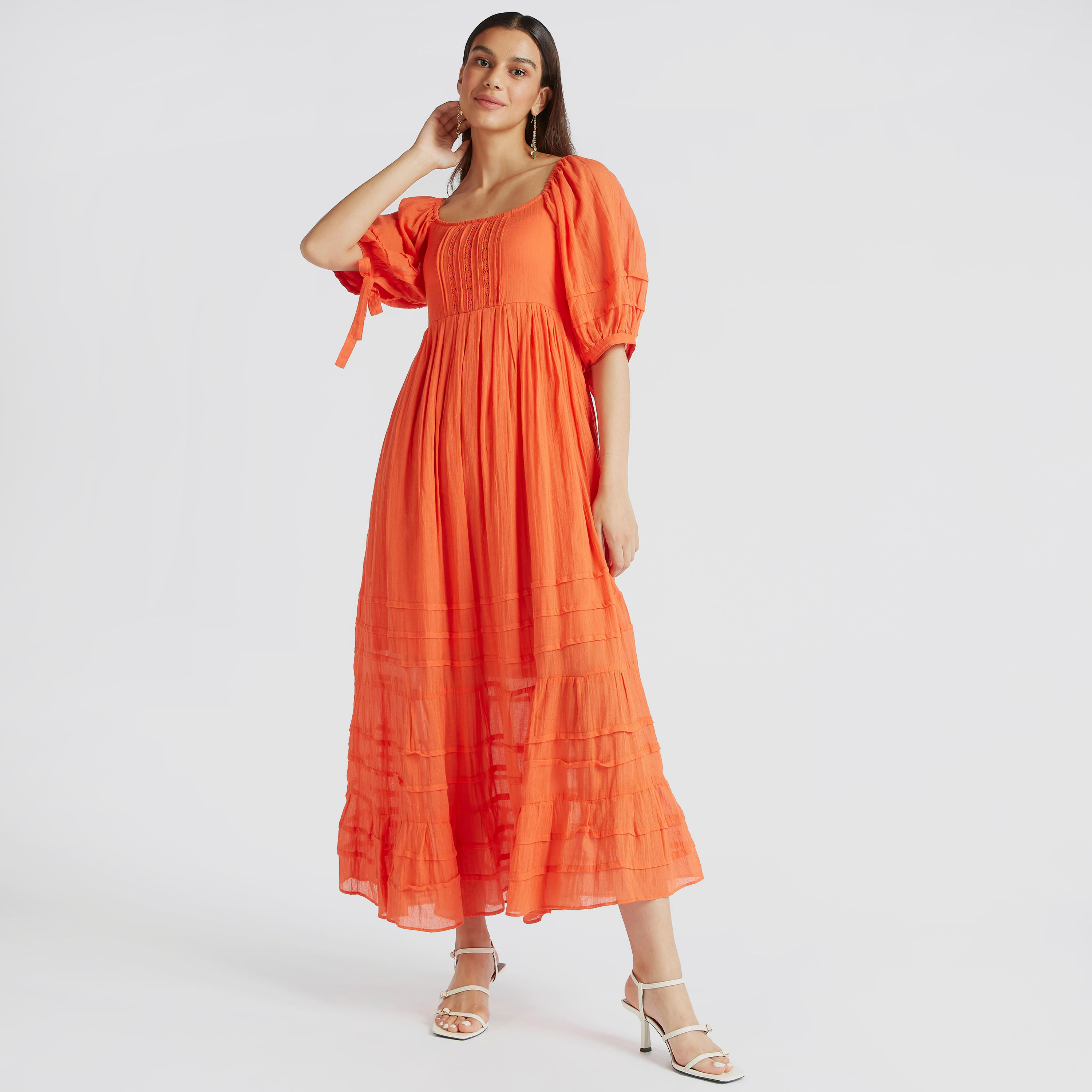 فستان طويل بارز الملمس بأكمام منفوخة قصيرة-women-clothing-dresses-image-5