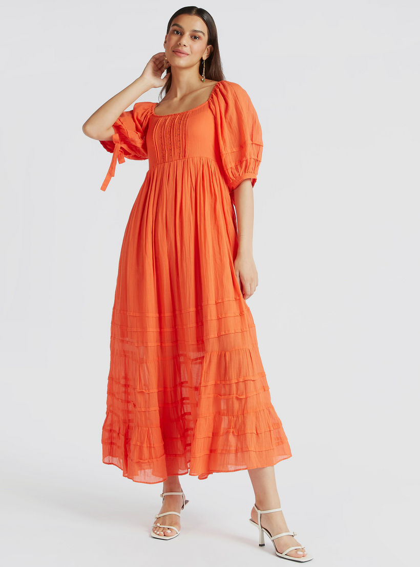 فستان طويل بارز الملمس بأكمام منفوخة قصيرة-women-clothing-dresses-image-5