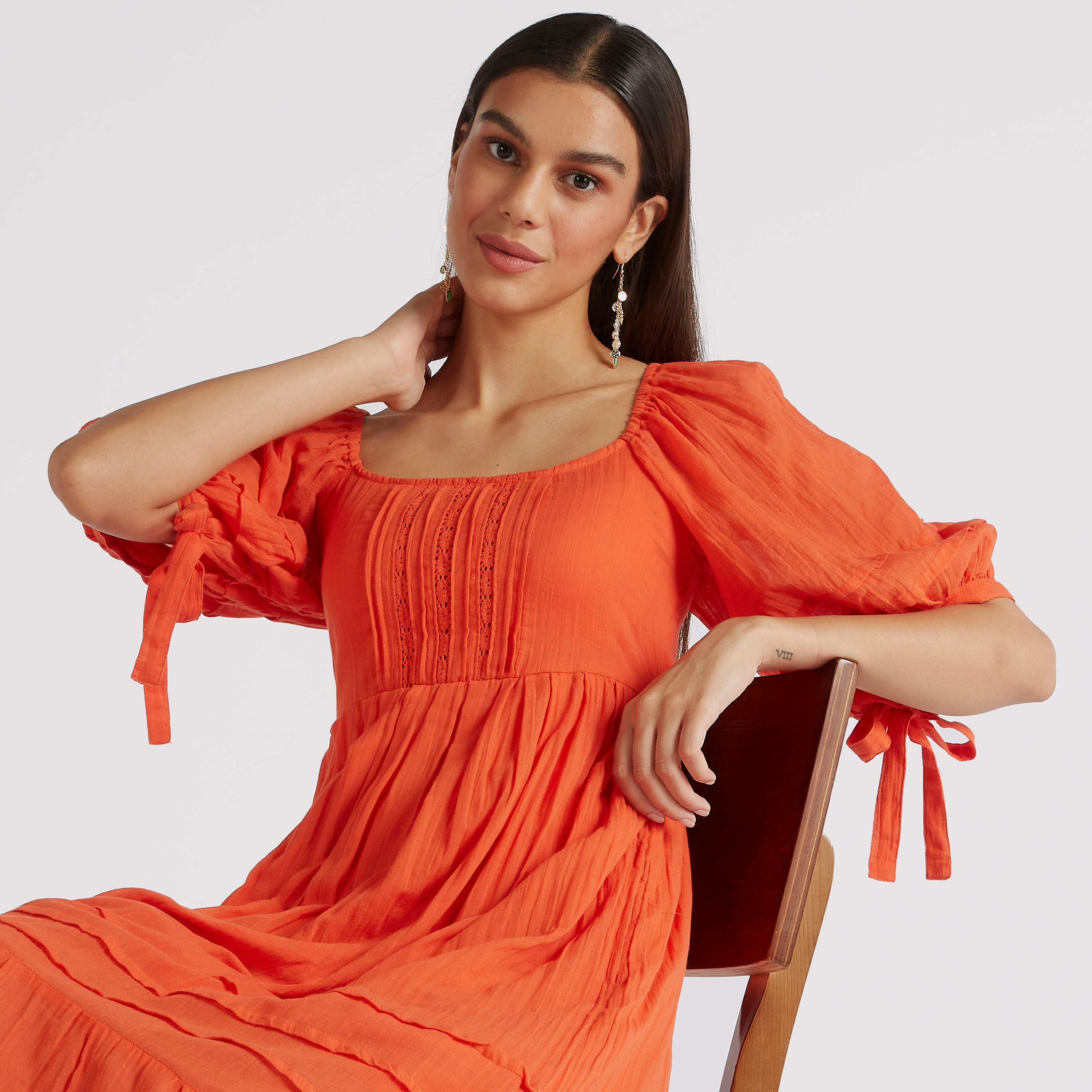 فستان طويل بارز الملمس بأكمام منفوخة قصيرة-women-clothing-dresses-image-4
