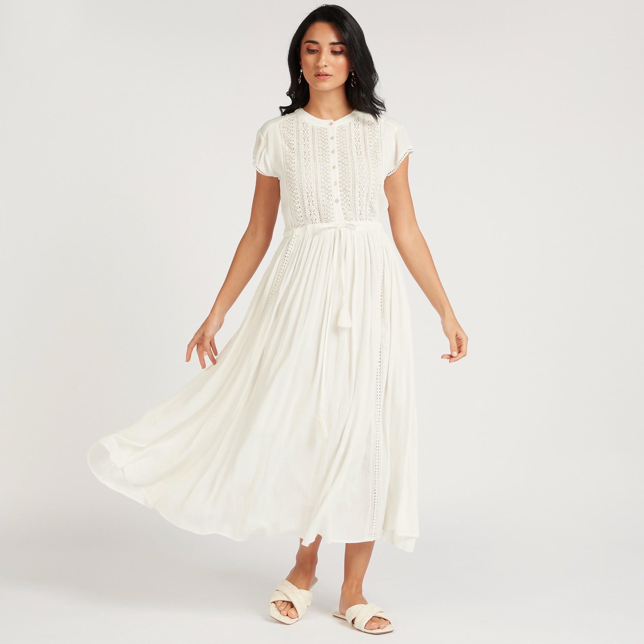 فستان ميدي إيه لاين مطرّأ بأربطة على الخصر-women-clothing-dresses-image-1