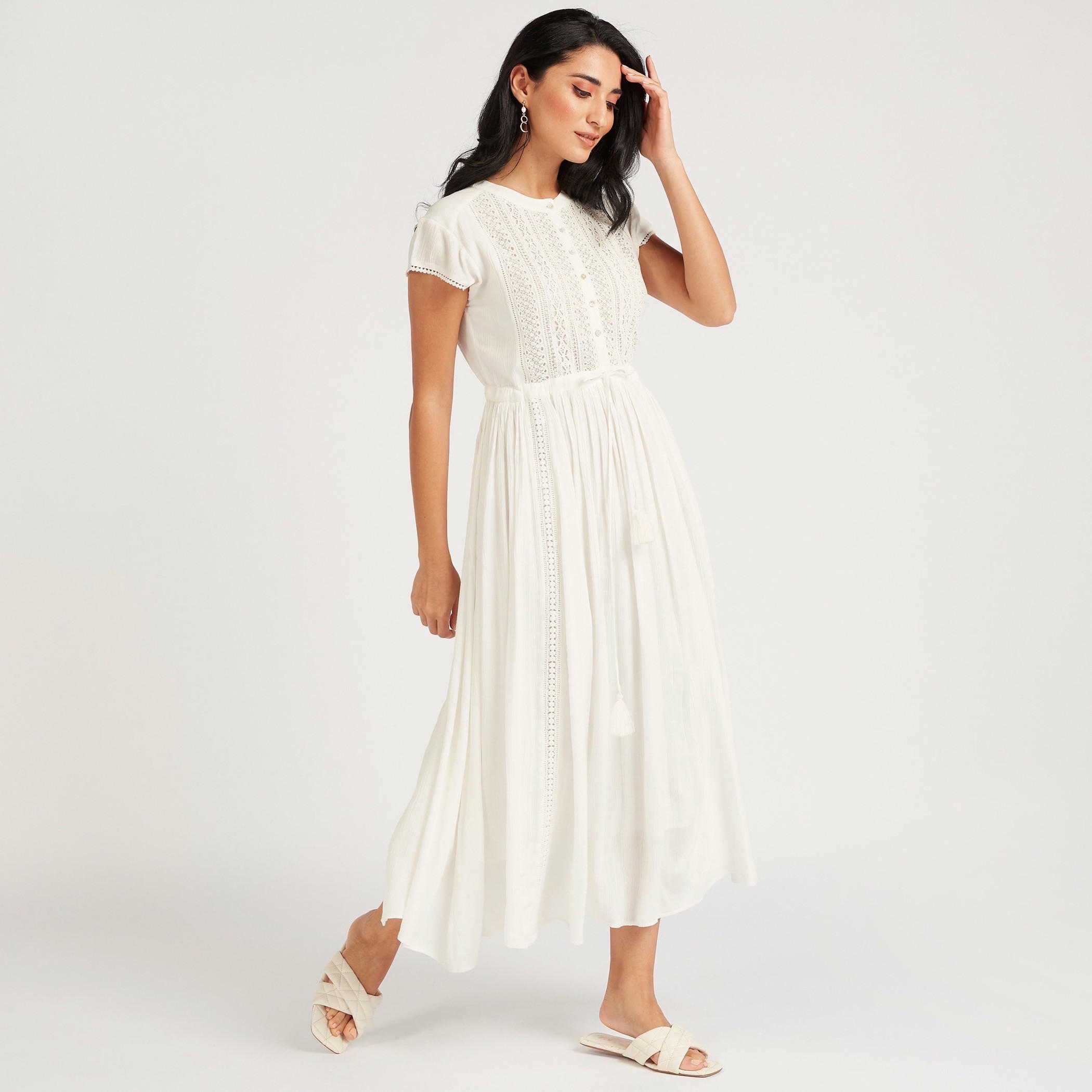 فستان ميدي إيه لاين مطرّأ بأربطة على الخصر-women-clothing-dresses-image-2