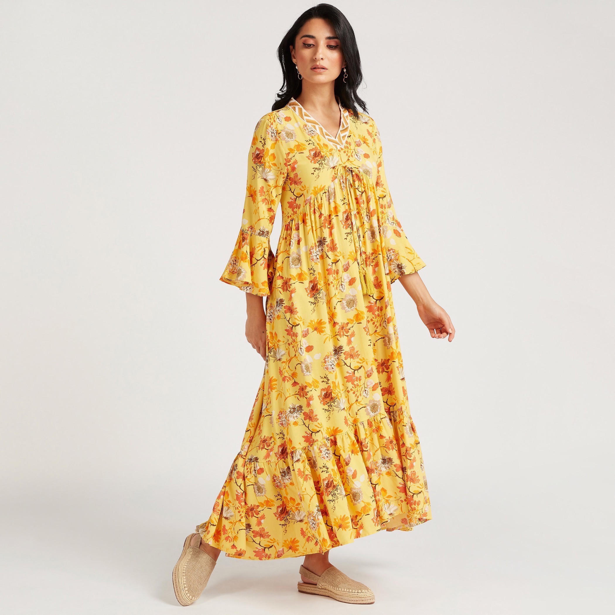 Floral Print Asymmetric Hem Maxi Dress with Flared Sleeves-women-clothing-dresses-image-1