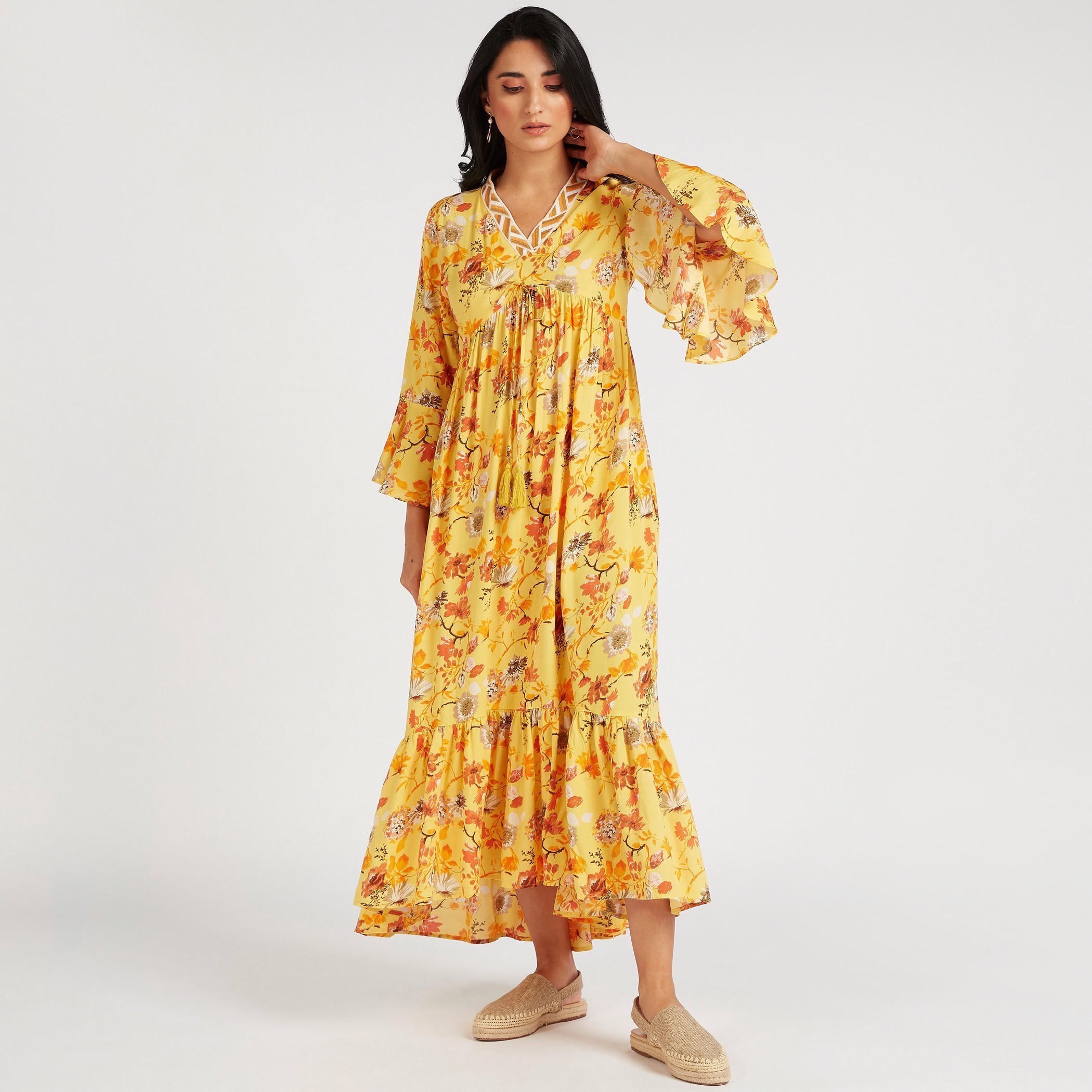Floral Print Asymmetric Hem Maxi Dress with Flared Sleeves-women-clothing-dresses-image-2