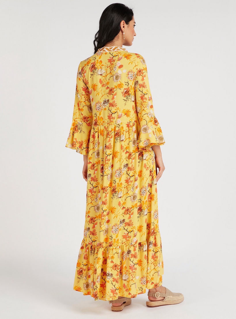 Floral Print Asymmetric Hem Maxi Dress with Flared Sleeves-women-clothing-dresses-image-4