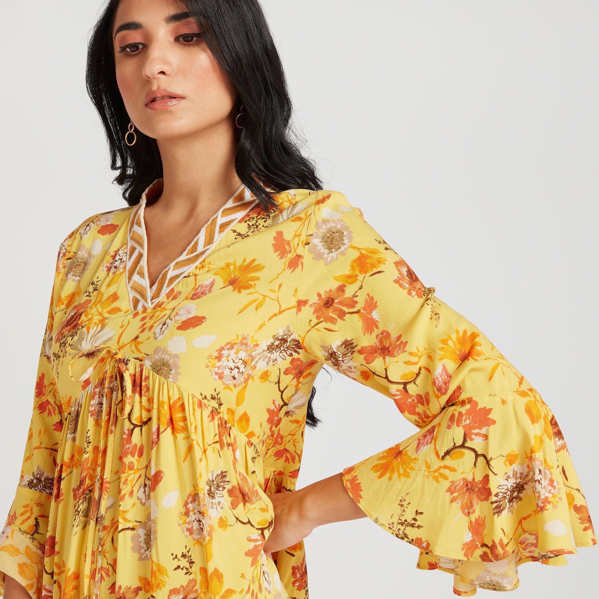 Floral Print Asymmetric Hem Maxi Dress with Flared Sleeves-women-clothing-dresses-image-7