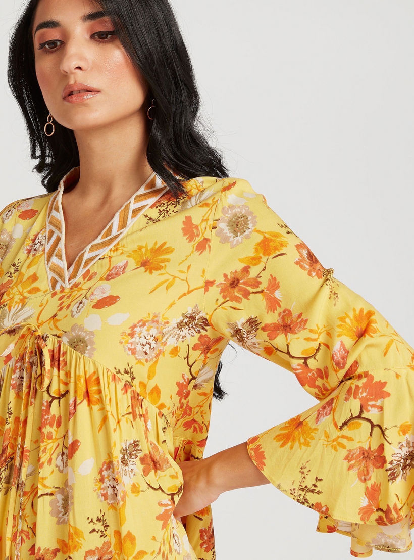 Floral Print Asymmetric Hem Maxi Dress with Flared Sleeves-women-clothing-dresses-image-7