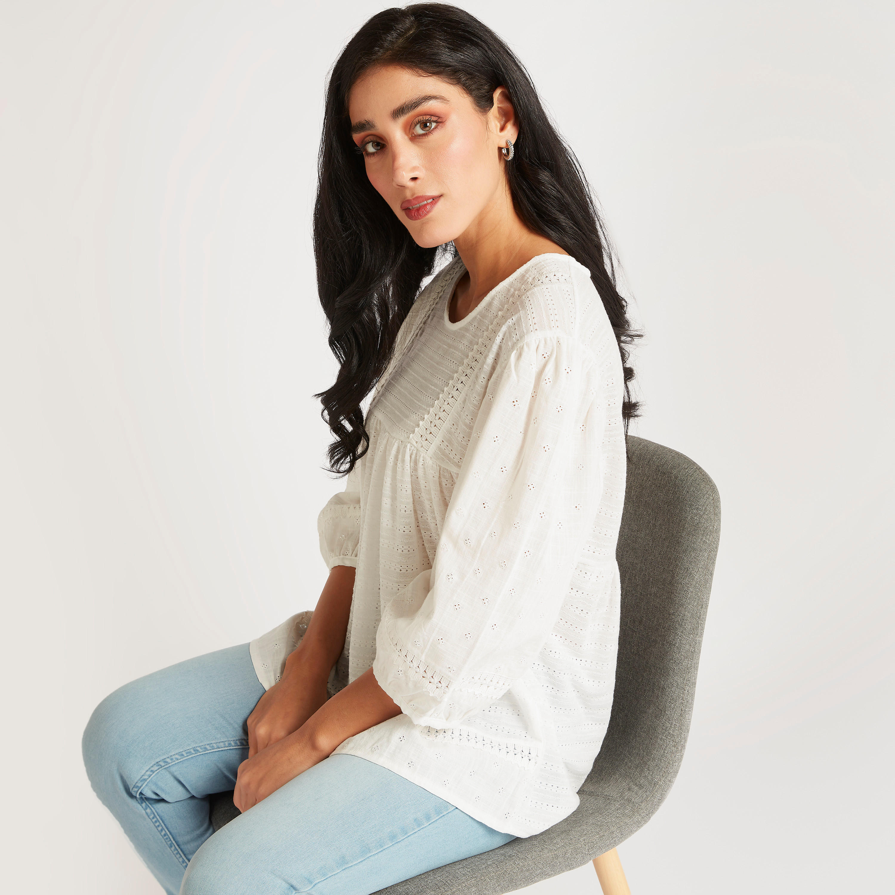 Embroidered Top with Round Neck and 3/4 Sleeves-women-clothing-shirtsandblouses-blouses-image-1