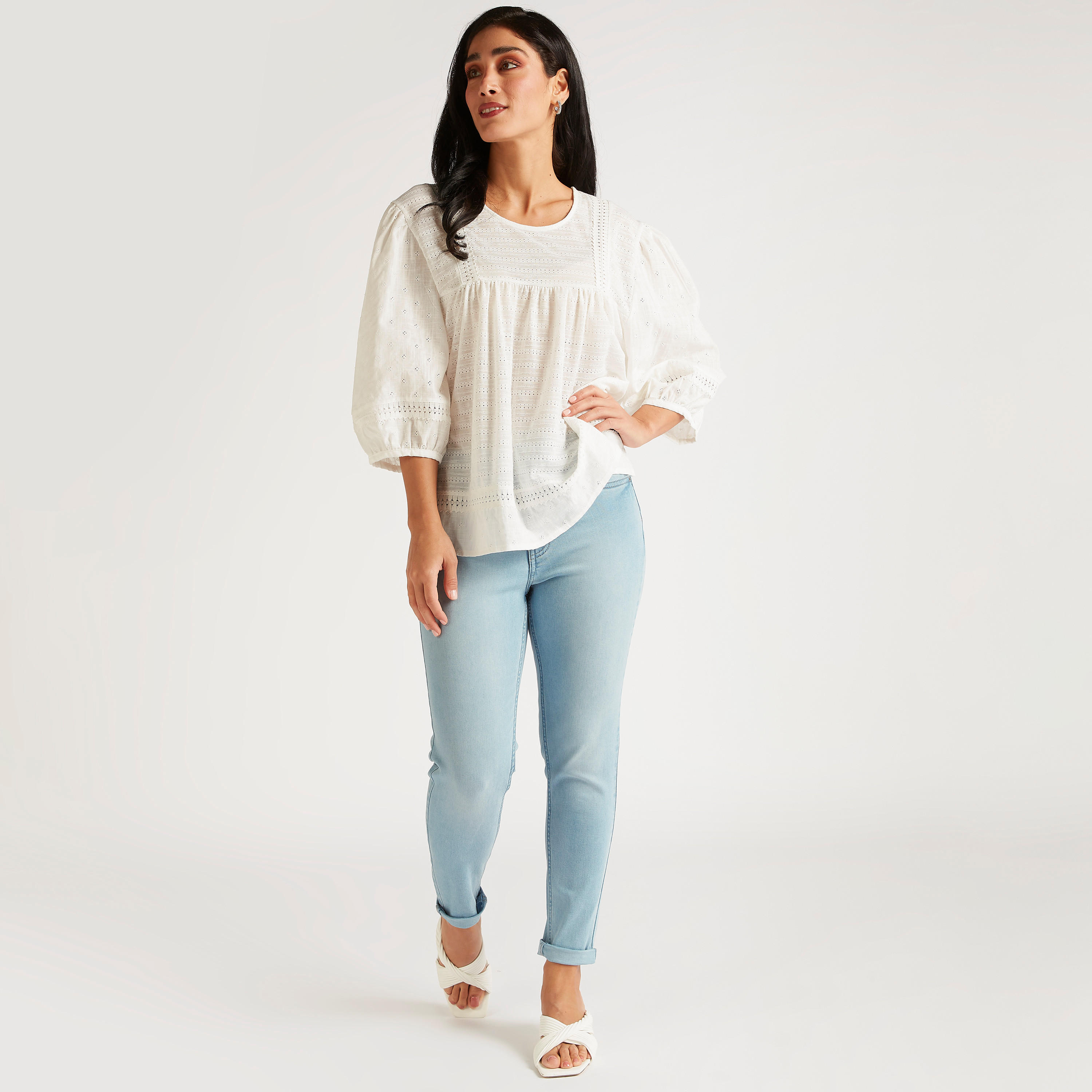 Embroidered Top with Round Neck and 3/4 Sleeves-women-clothing-shirtsandblouses-blouses-image-2