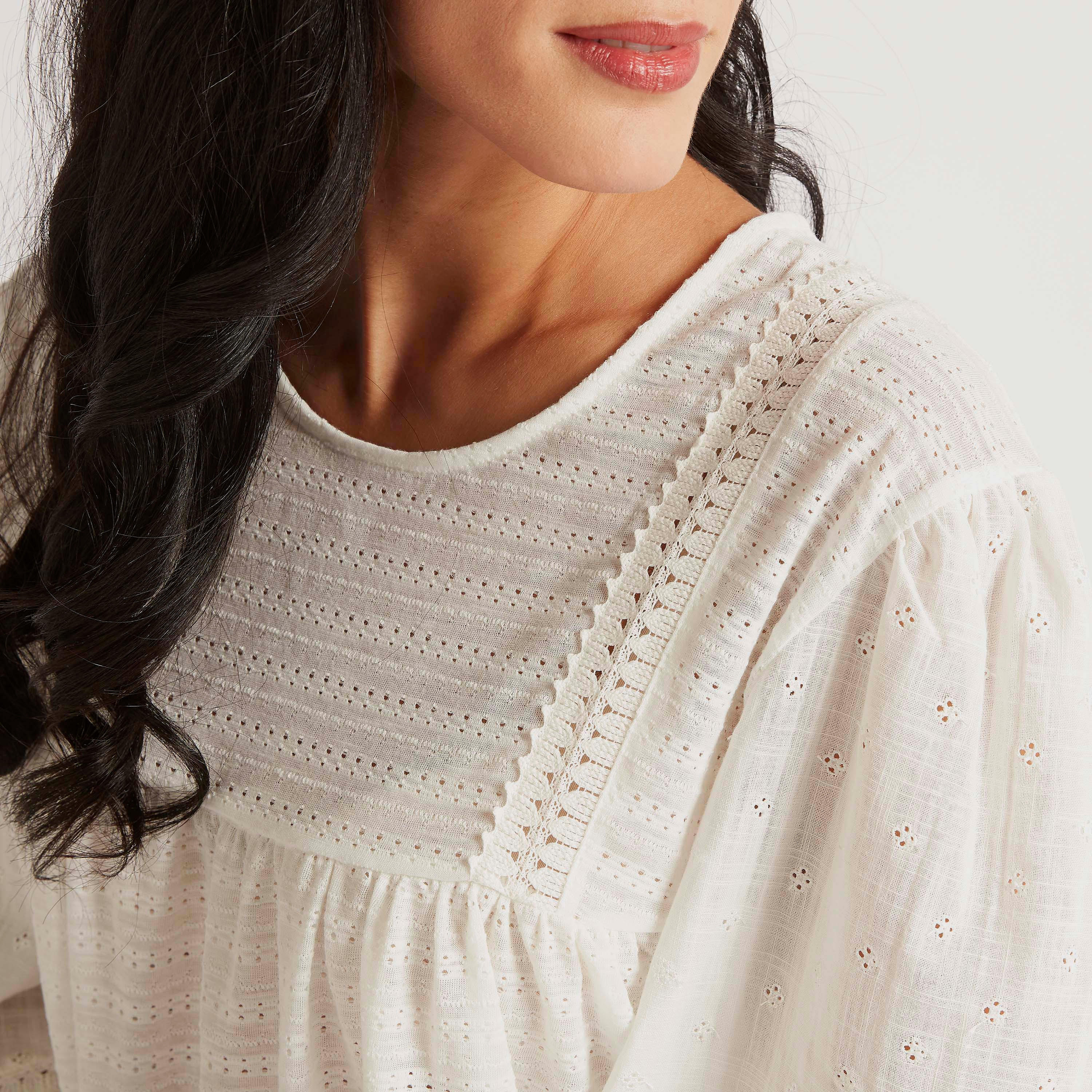 Embroidered Top with Round Neck and 3/4 Sleeves-women-clothing-shirtsandblouses-blouses-image-3