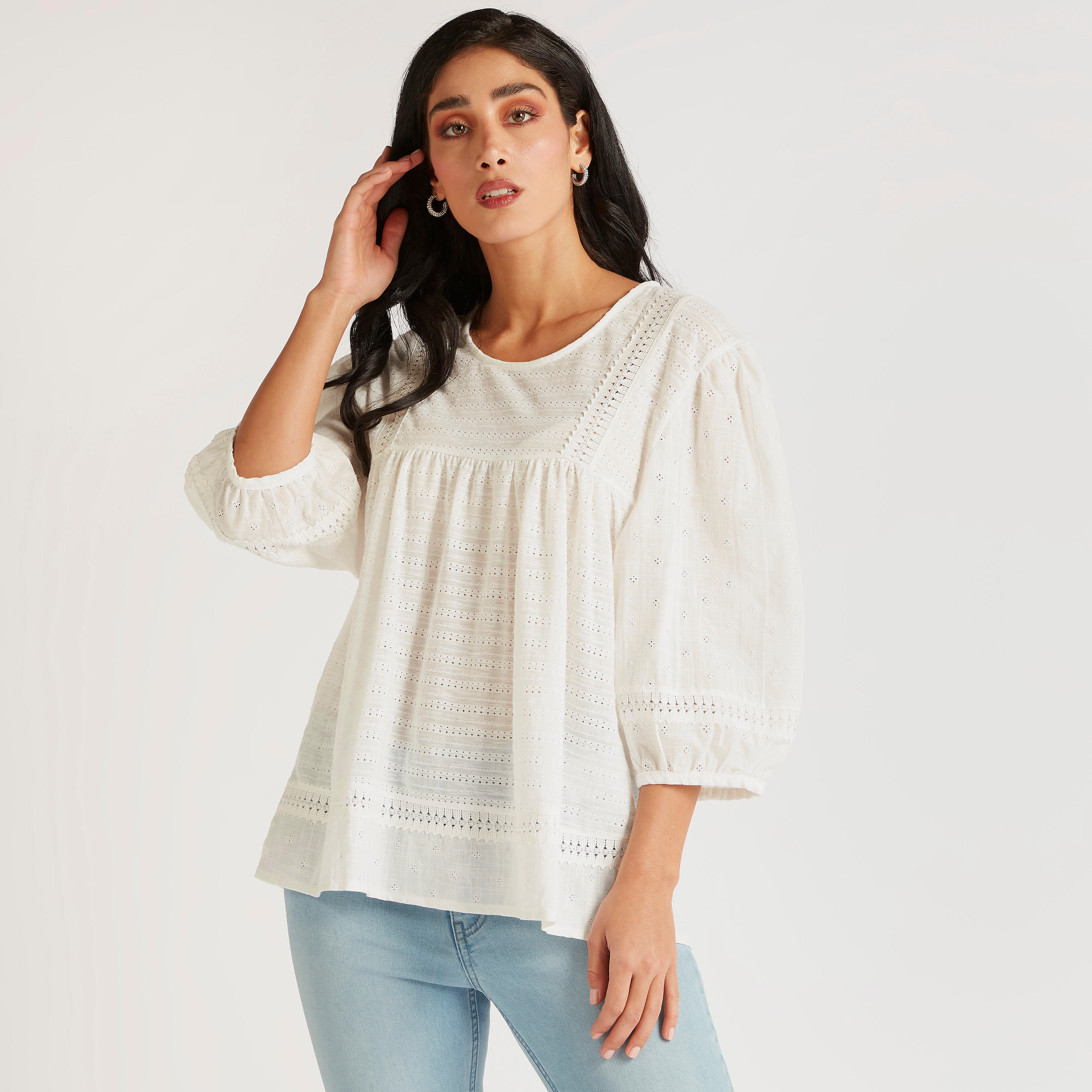 Embroidered Top with Round Neck and 3/4 Sleeves-women-clothing-shirtsandblouses-blouses-image-5