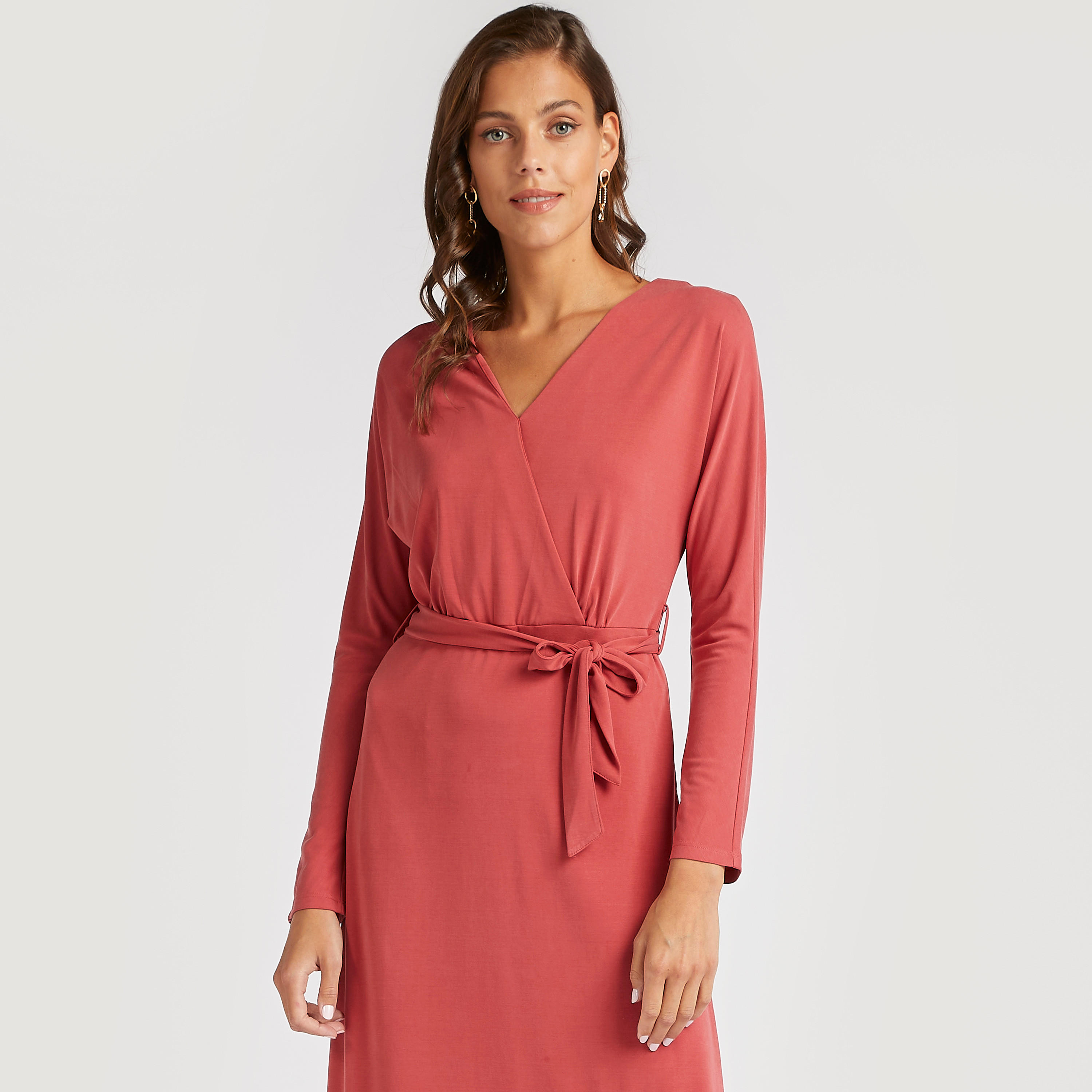 فستان ميدي ملفوف سادة بأكمام طويلة وحزام-women-clothing-dresses-image-3