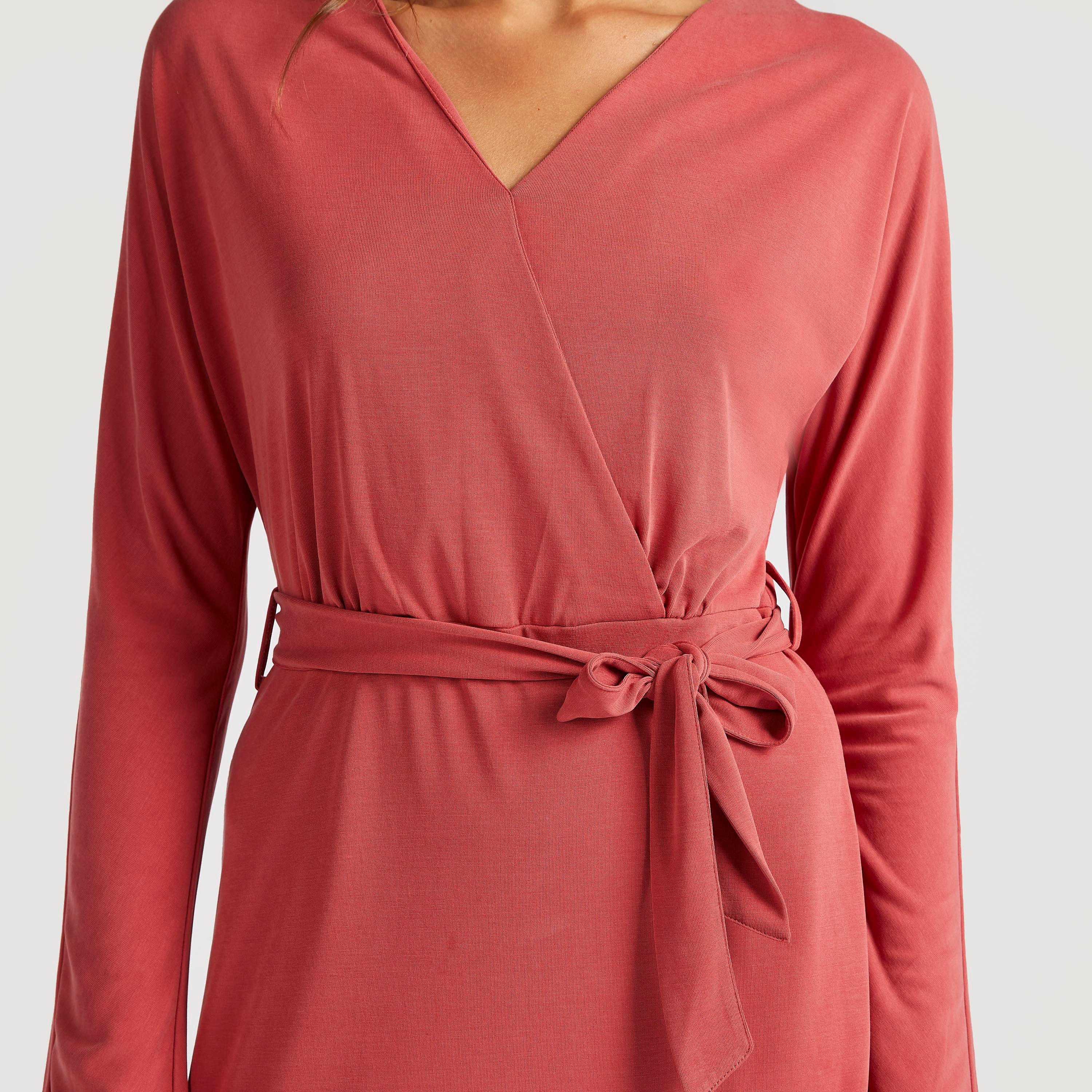 فستان ميدي ملفوف سادة بأكمام طويلة وحزام-women-clothing-dresses-image-2