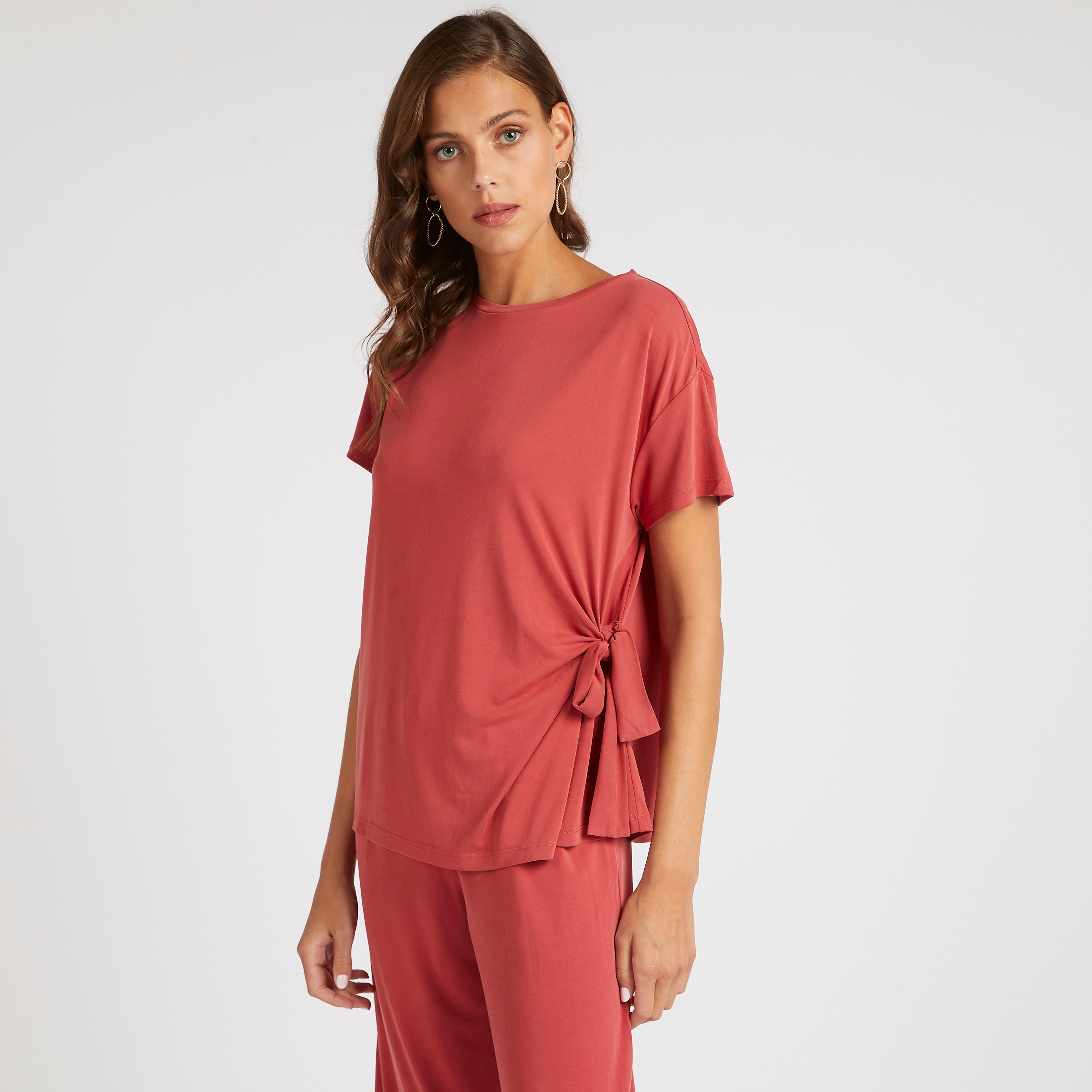 Solid Crew Neck T-shirt with Side Knot Detail-women-clothing-tshirts-image-1