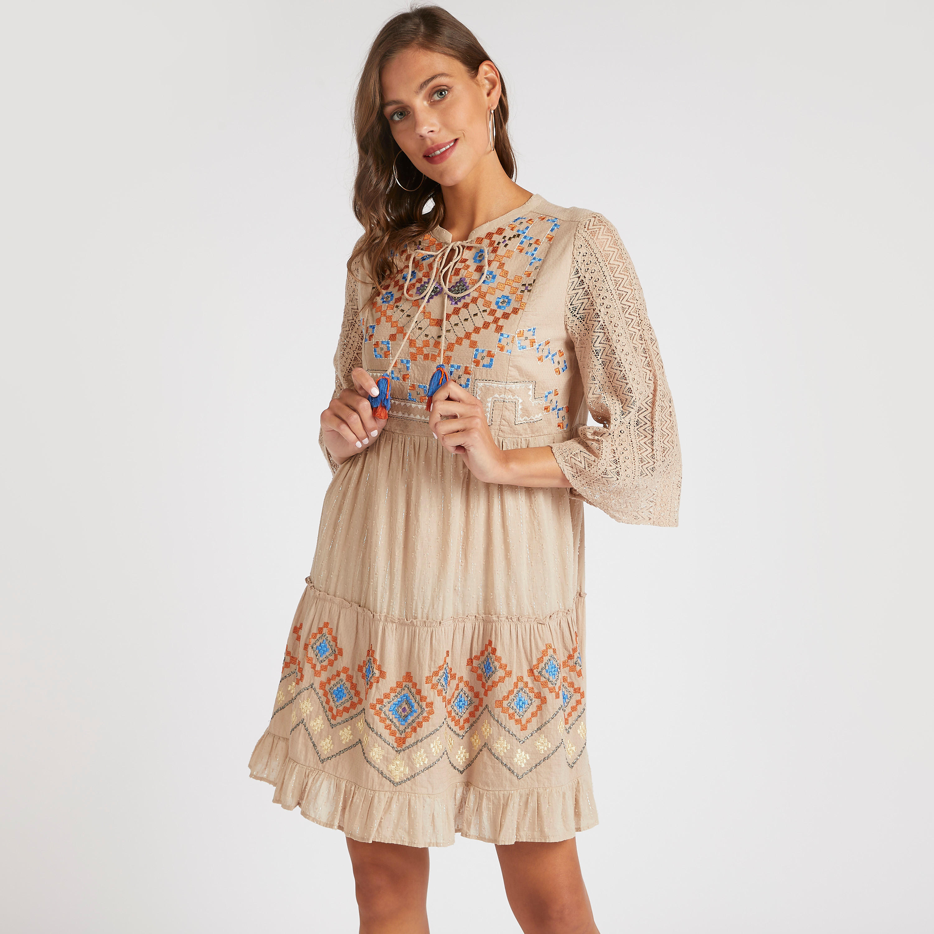 Embroidered A-line Mini Dress with 3/4 Sleeves-women-clothing-dresses-image-1