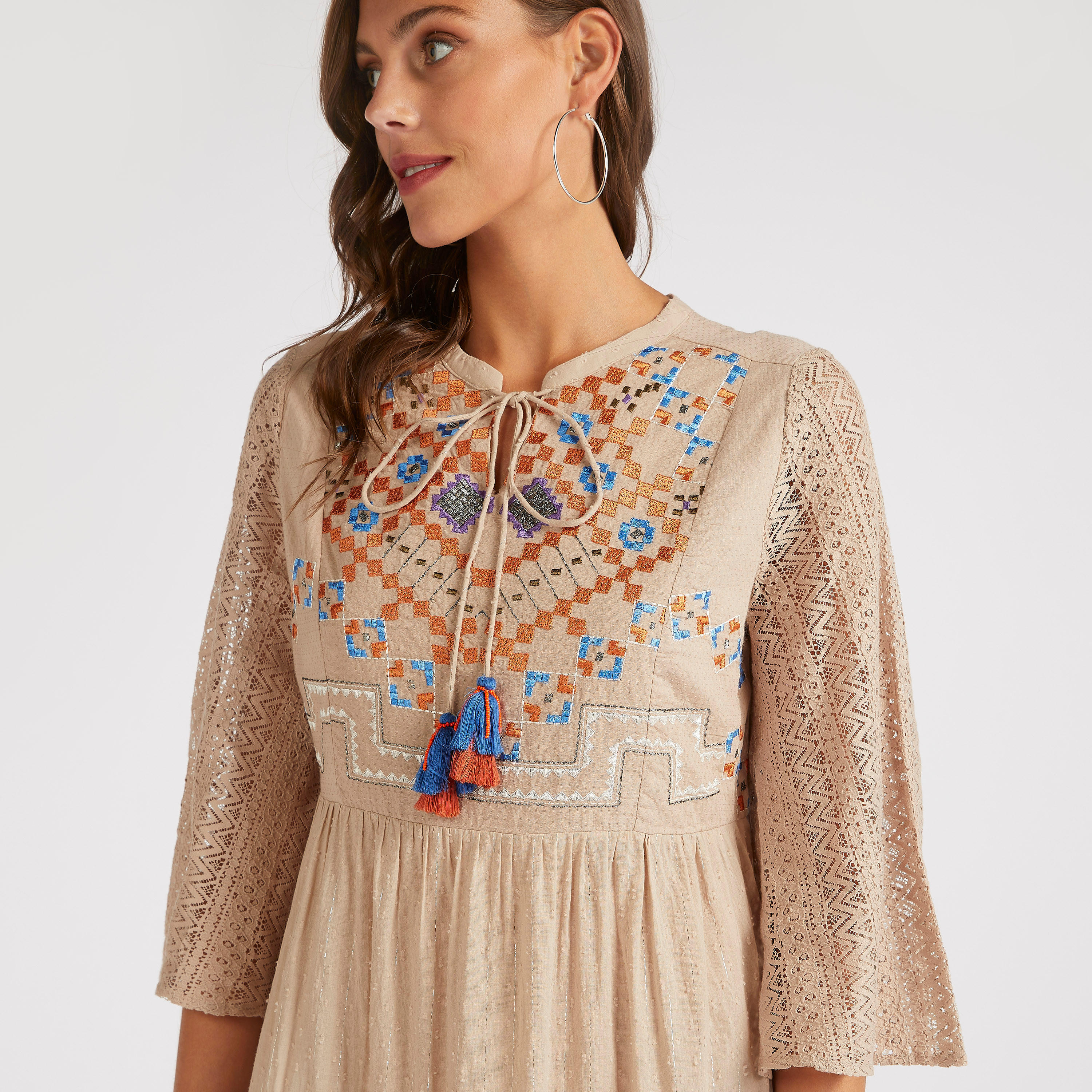 Embroidered A-line Mini Dress with 3/4 Sleeves-women-clothing-dresses-image-3