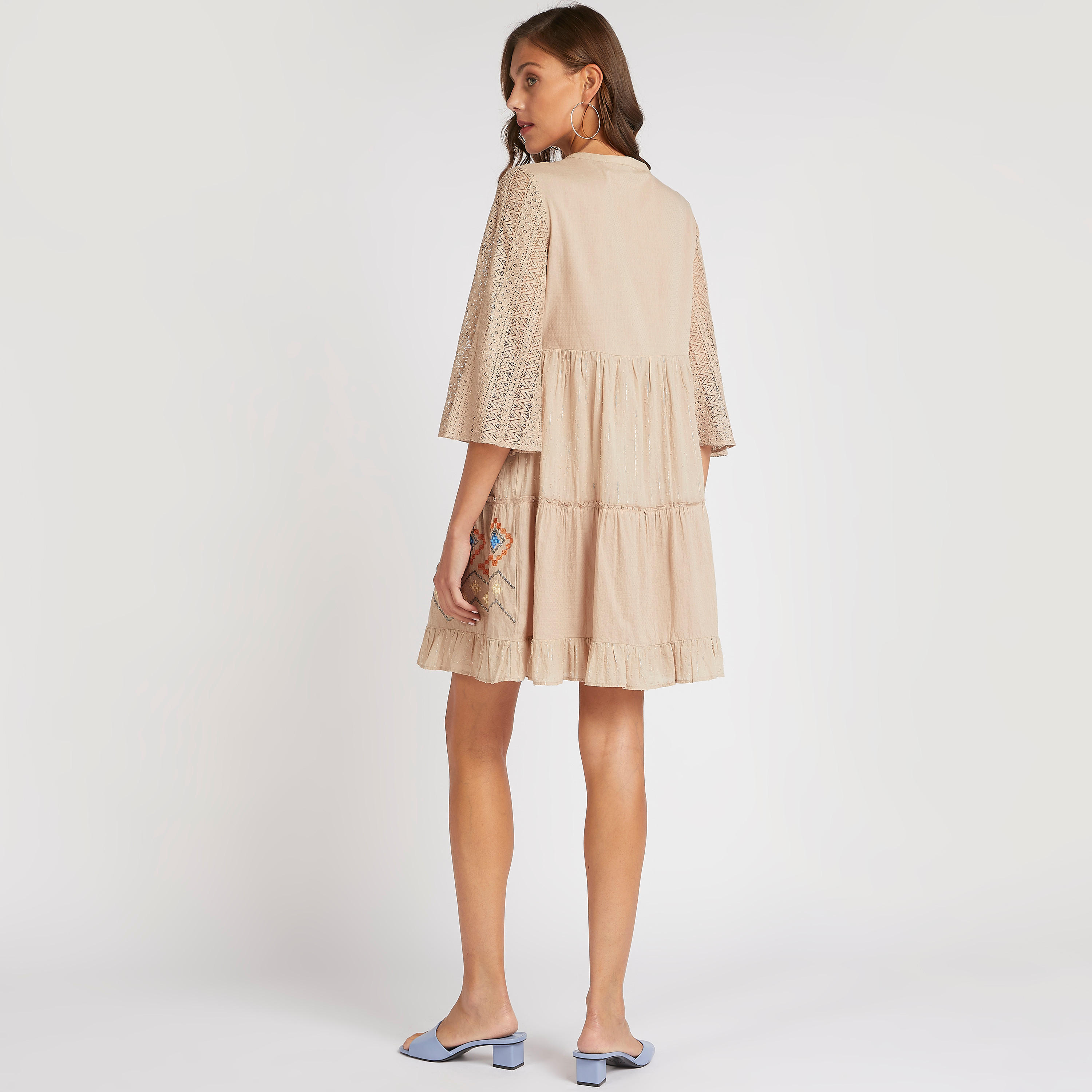 Embroidered A-line Mini Dress with 3/4 Sleeves-women-clothing-dresses-image-4
