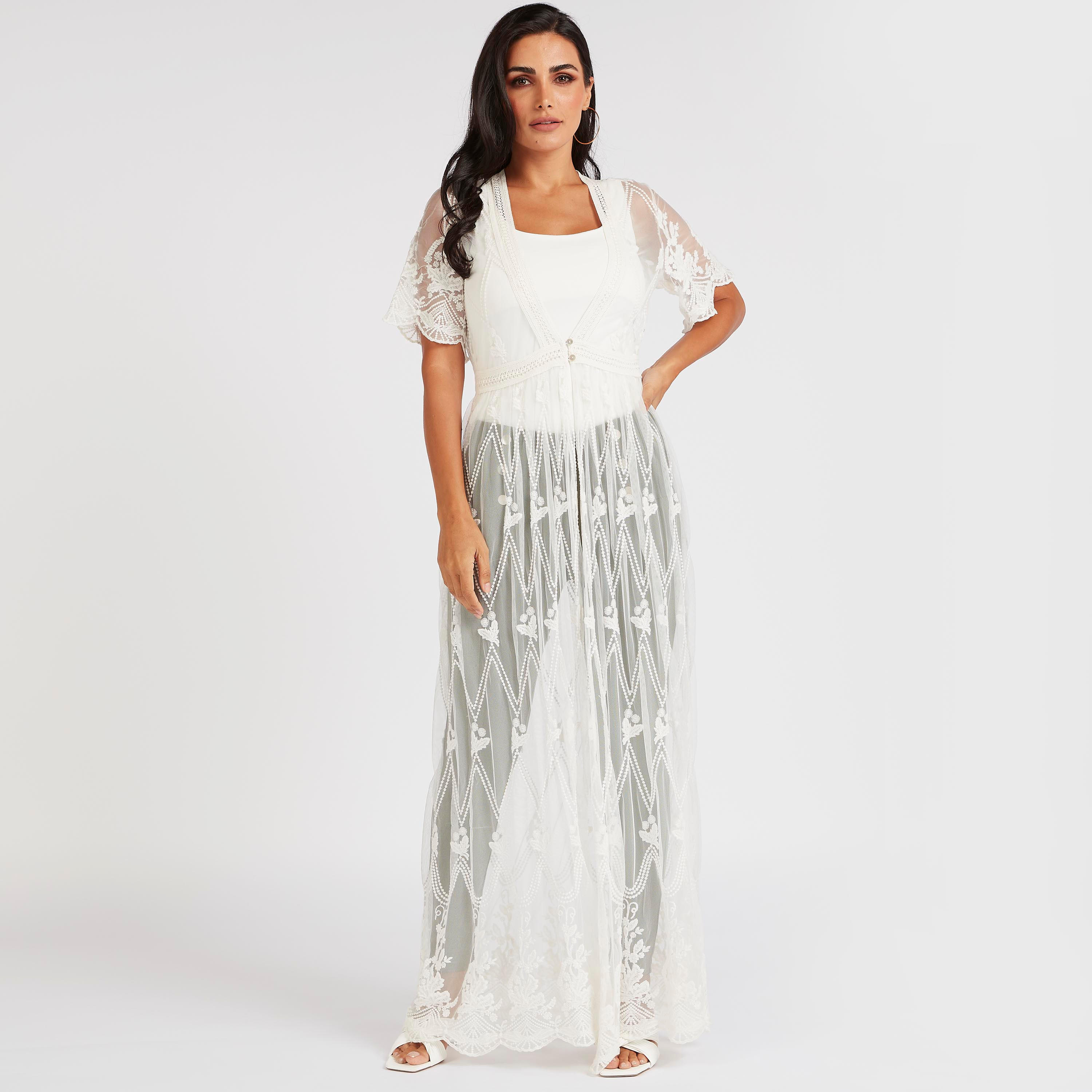 Embroidered Longline Shrug with Short Sleeves-women-winterwear-cardigansandjumpers-cardigans-image-1