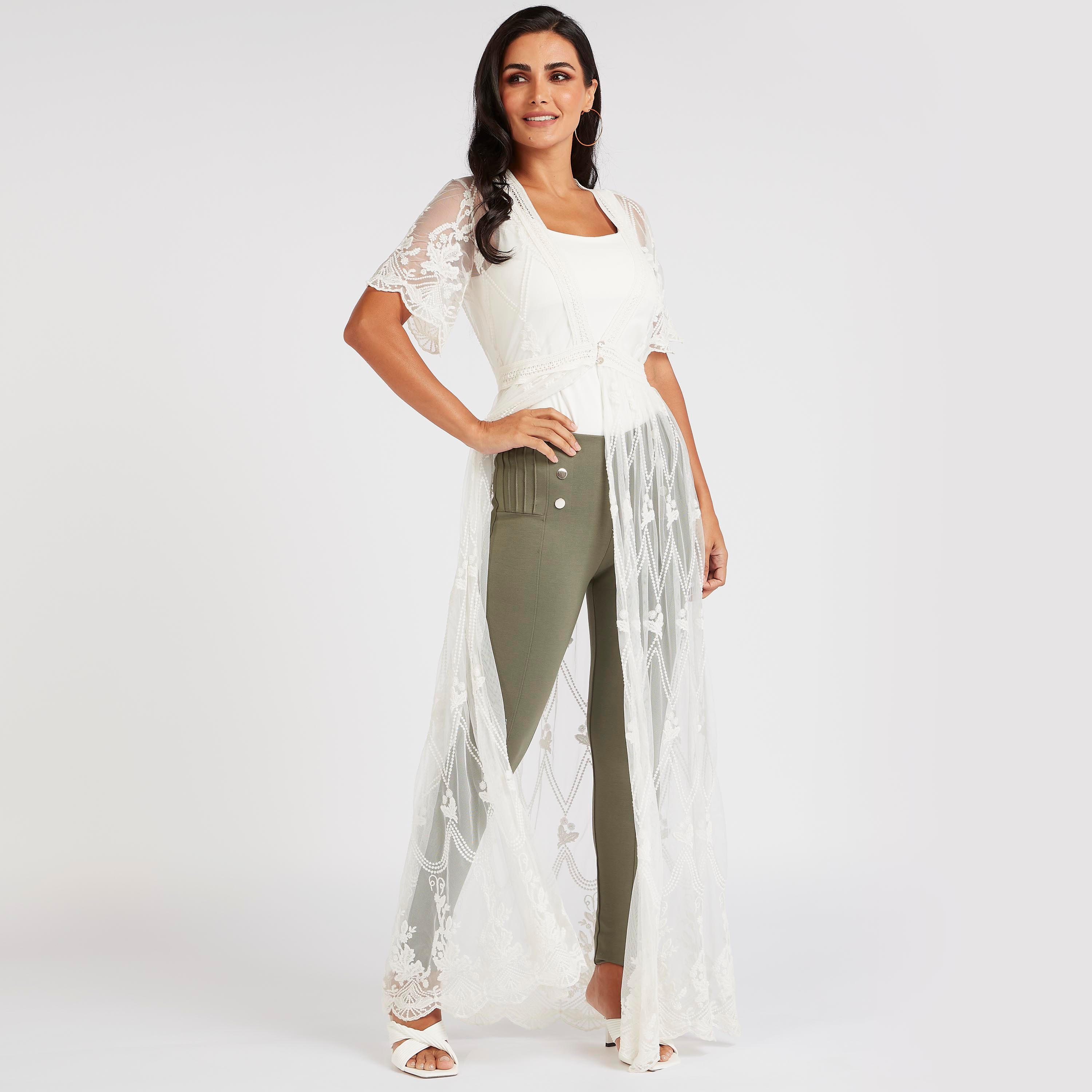 Embroidered Longline Shrug with Short Sleeves-women-winterwear-cardigansandjumpers-cardigans-image-2