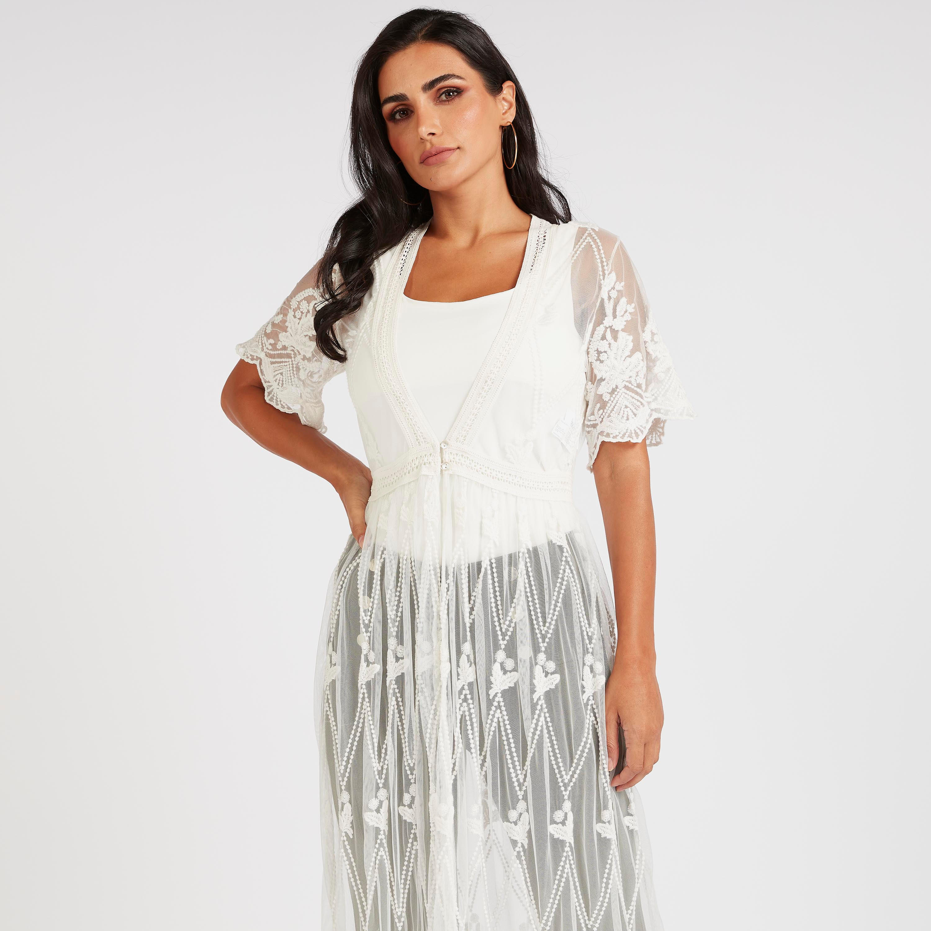 Embroidered Longline Shrug with Short Sleeves-women-winterwear-cardigansandjumpers-cardigans-image-5