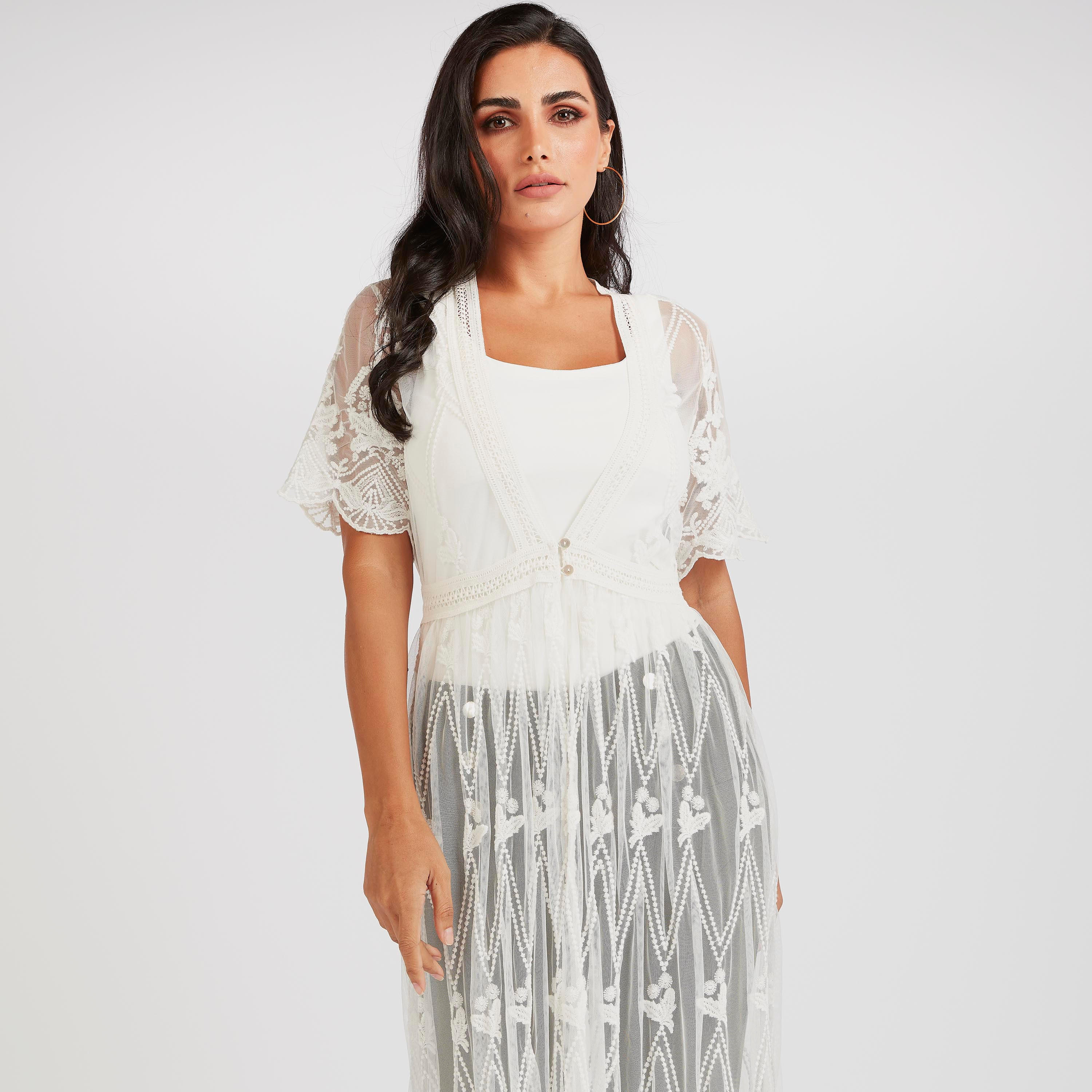 Embroidered Longline Shrug with Short Sleeves-women-winterwear-cardigansandjumpers-cardigans-image-6