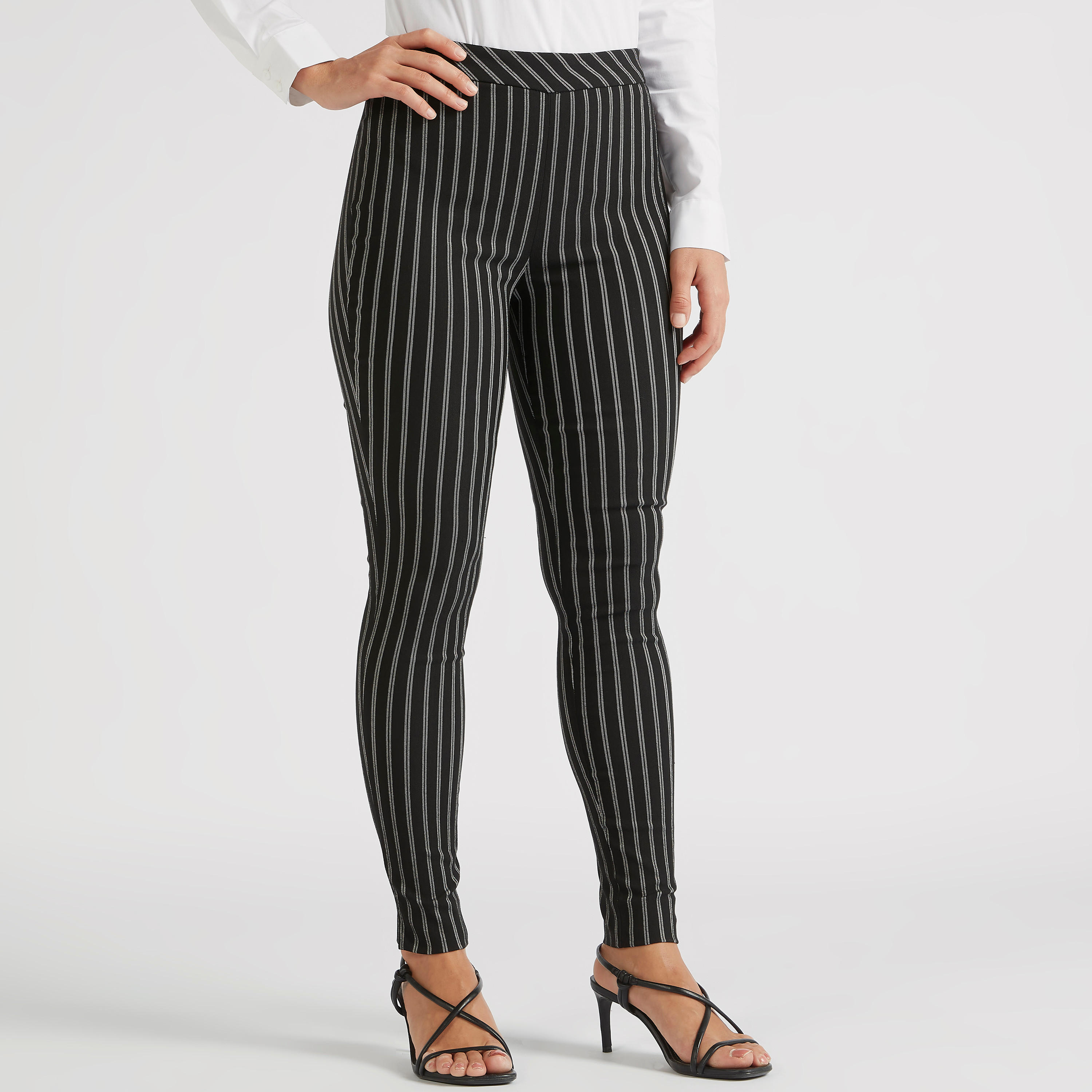 بنطلون تريقنز مخطط بخصر متوسّط الارتفاع بسحّاب إغلاق وخصر نصف مطّاطي-women-clothing-bottoms-trousers-image-1