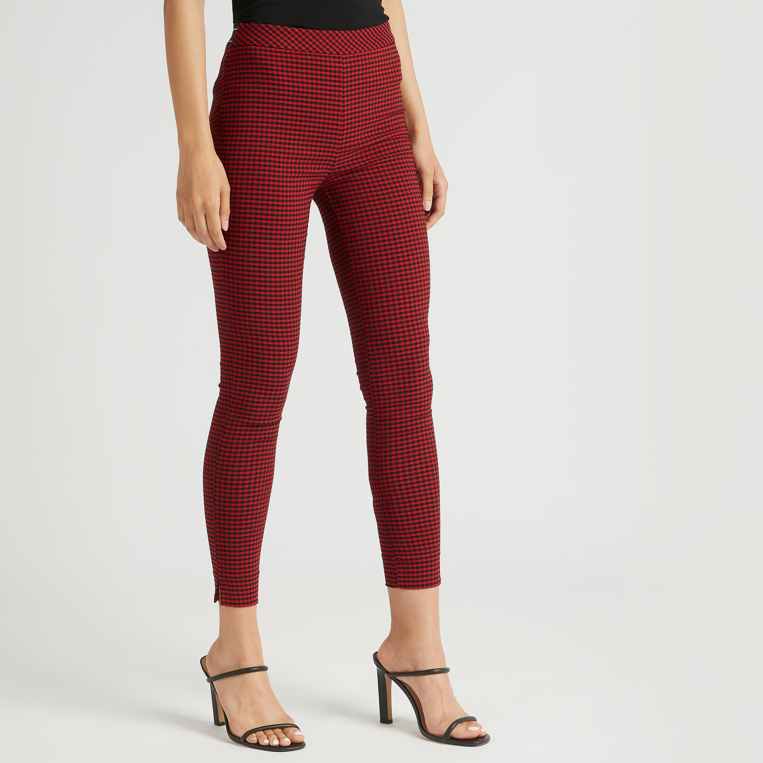 بنطلون تريقنز كاروهات بخصر متوسّط الارتفاع بسحّاب إغلاق وخصر مطّاطي-women-clothing-bottoms-trousers-image-1