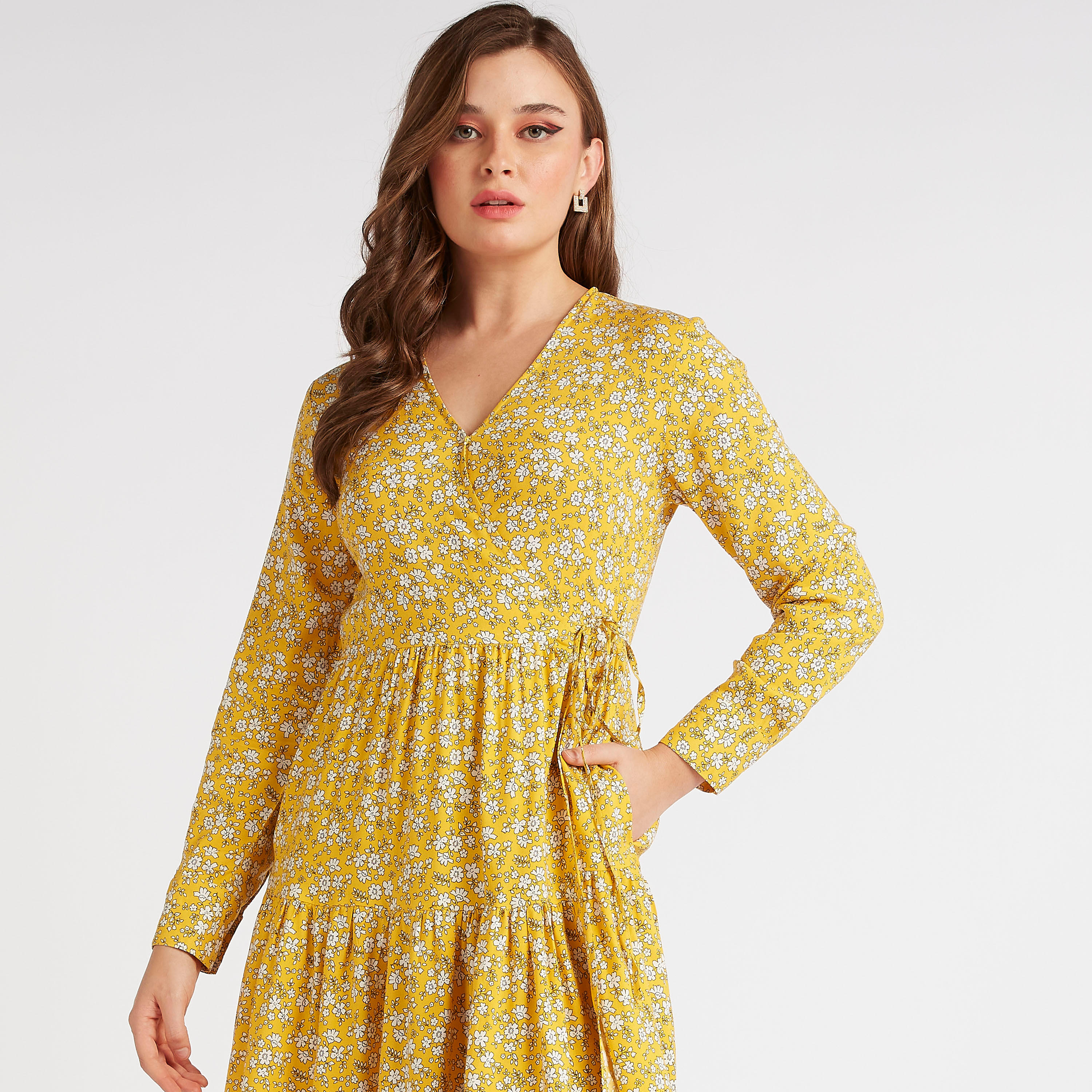 فستان ميدي ملفوف بأربطة وجيوب وطبعات أزهار-women-clothing-dresses-image-2