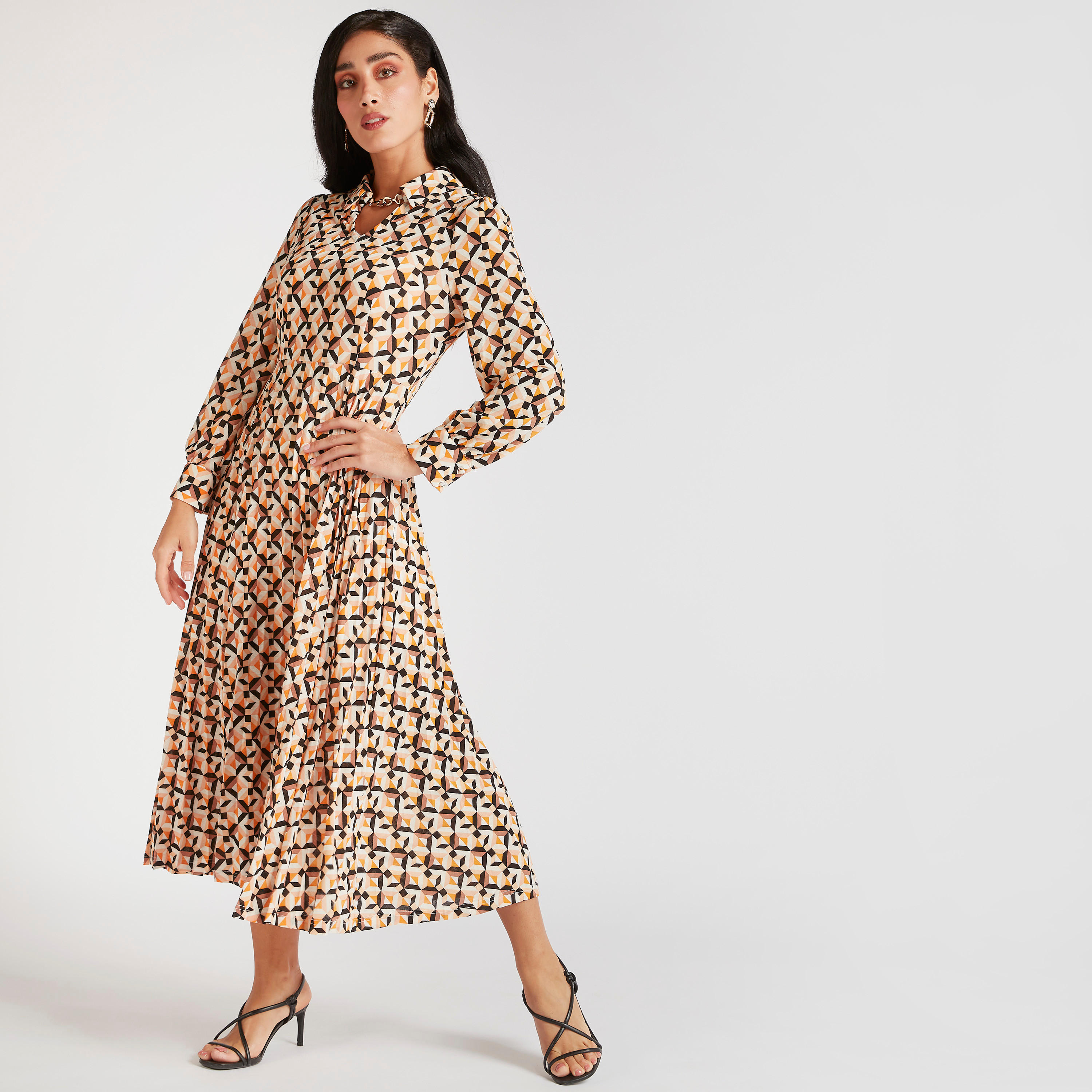 فستان ميدي إيه لاين بطبعات هندسية بياقة ماندارين وأكمام طويلة-women-clothing-dresses-image-2