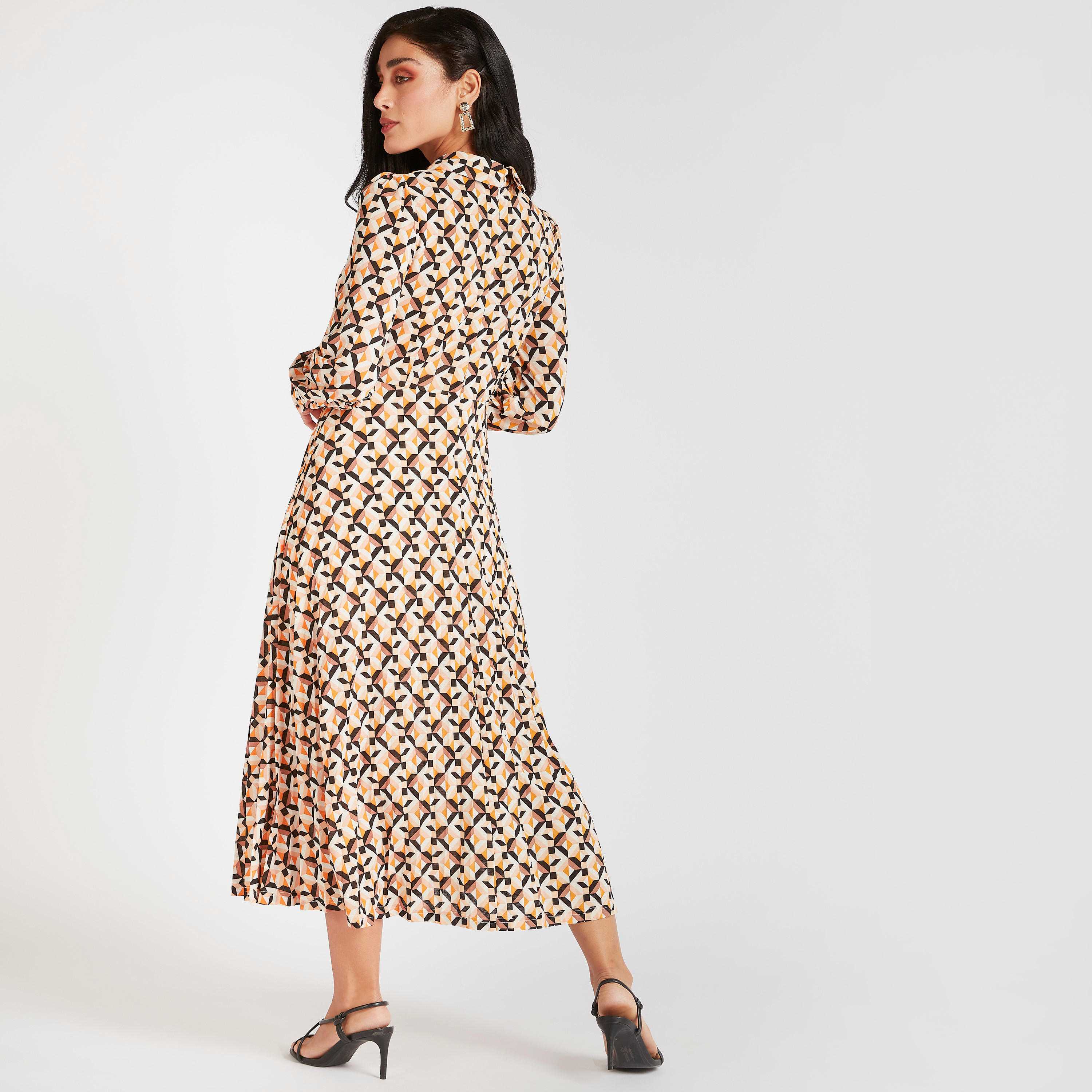 فستان ميدي إيه لاين بطبعات هندسية بياقة ماندارين وأكمام طويلة-women-clothing-dresses-image-4