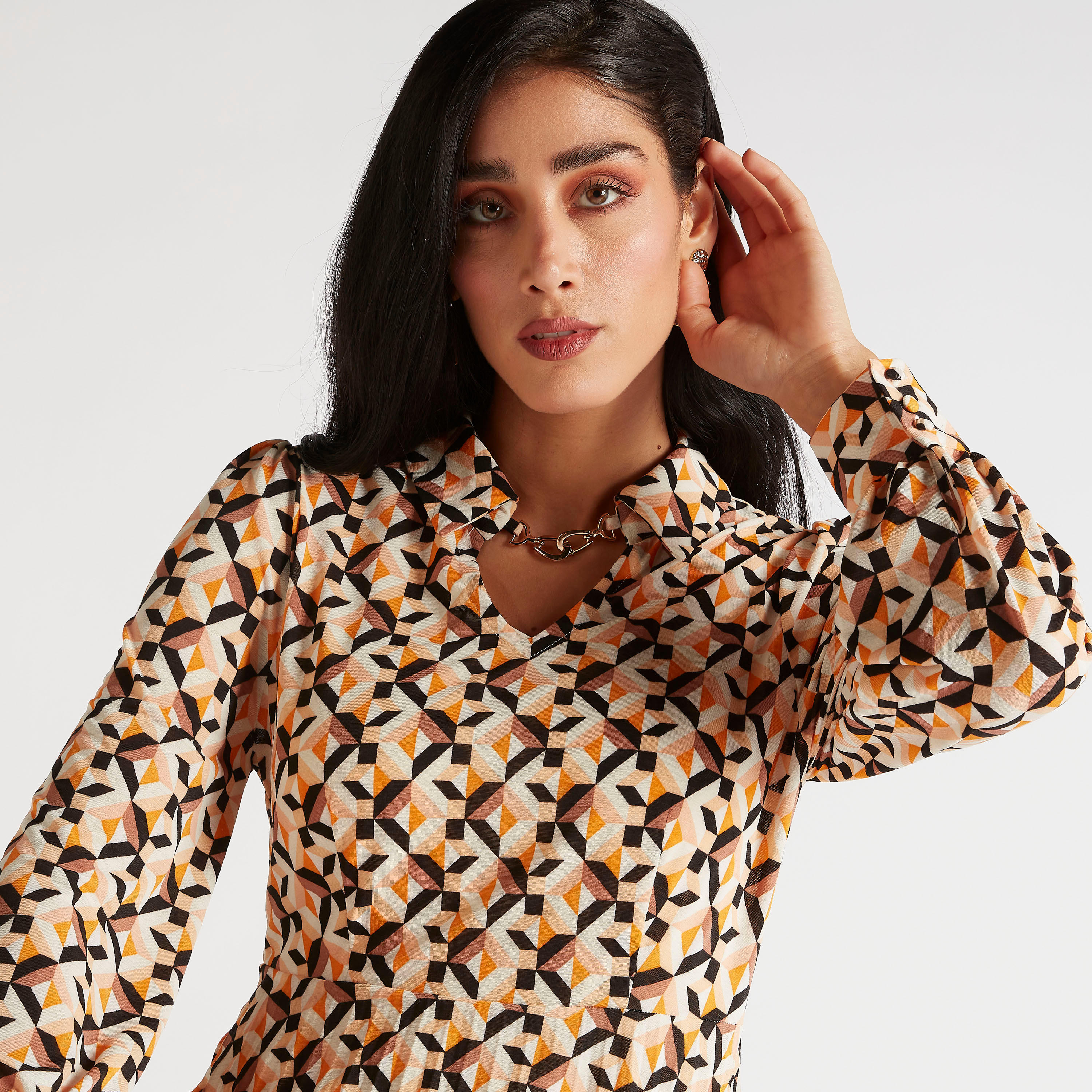 فستان ميدي إيه لاين بطبعات هندسية بياقة ماندارين وأكمام طويلة-women-clothing-dresses-image-5