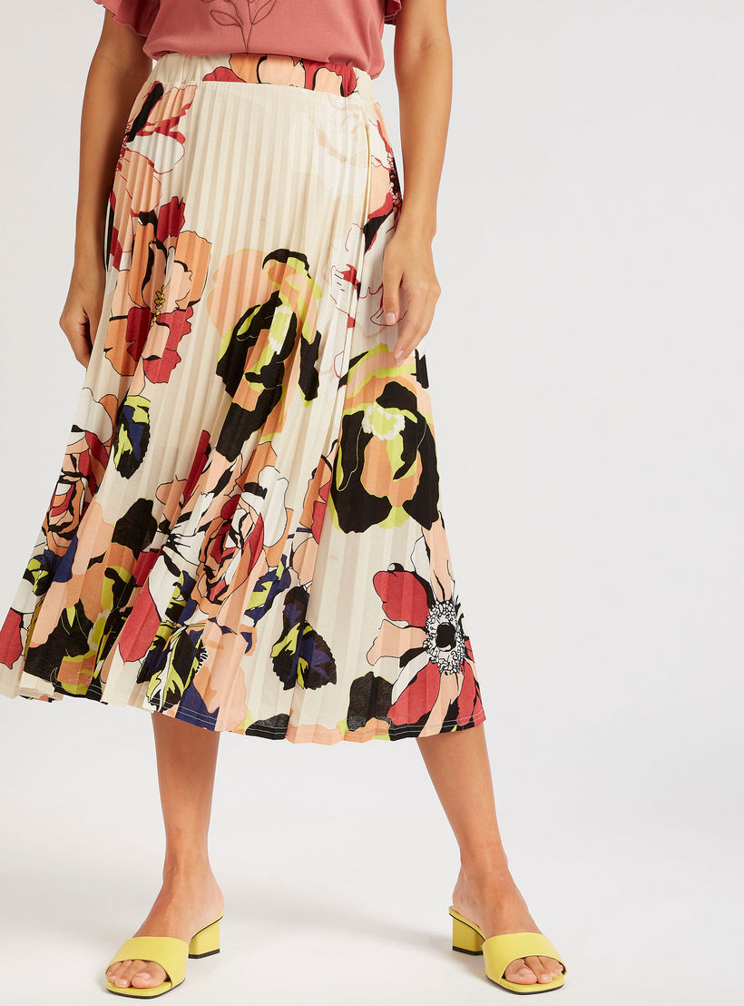 تنورة ميدي إيه لاين بثنايا وطبعات زهور وخصر مطاطي-women-clothing-bottoms-skirts-image-1