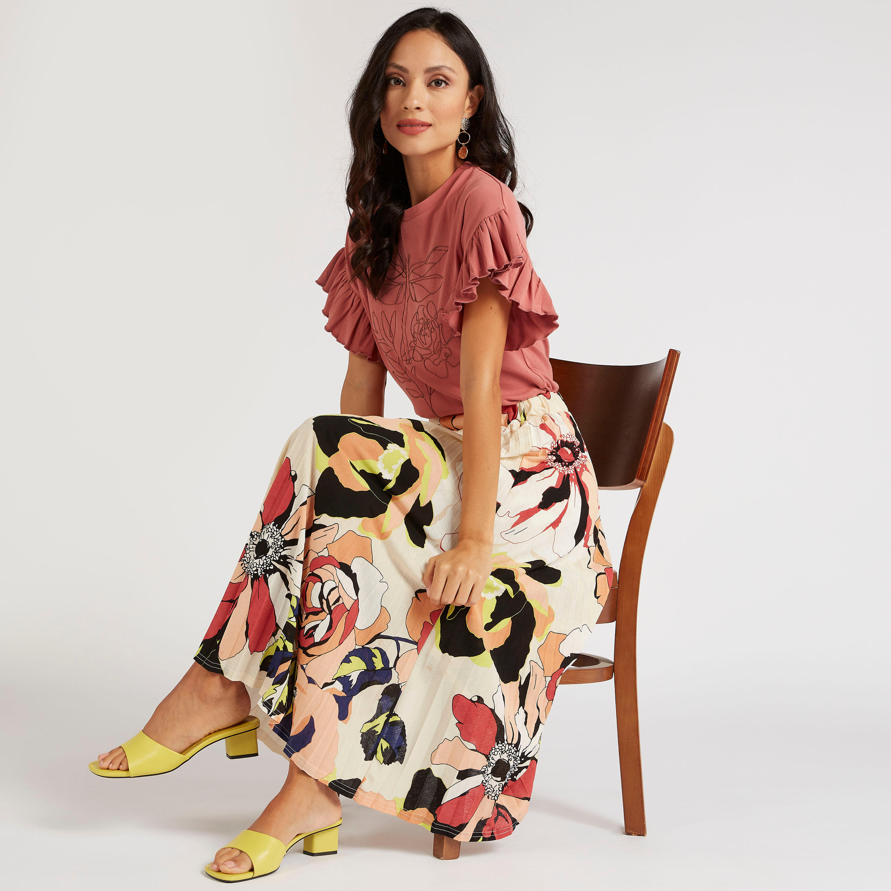 تنورة ميدي إيه لاين بثنايا وطبعات زهور وخصر مطاطي-women-clothing-bottoms-skirts-image-2