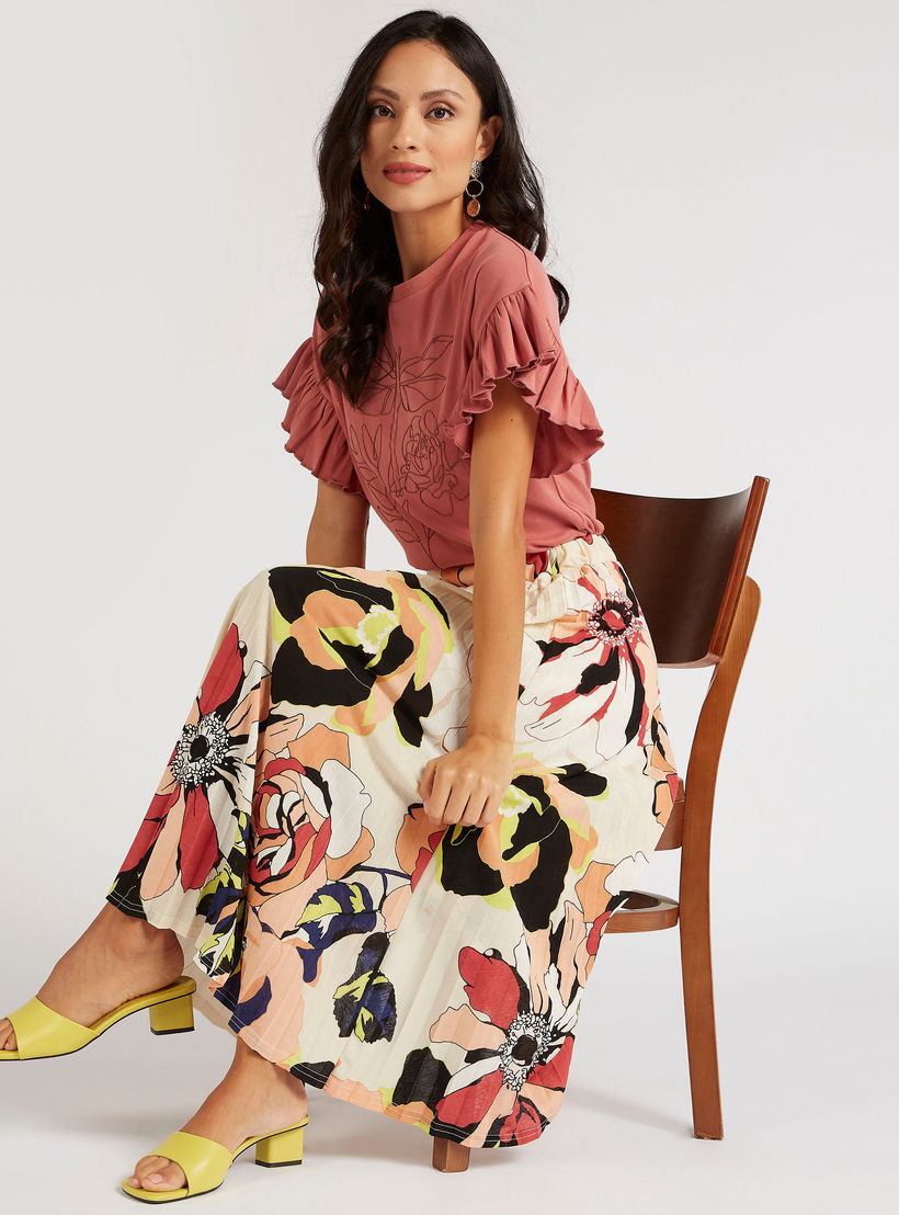 تنورة ميدي إيه لاين بثنايا وطبعات زهور وخصر مطاطي-women-clothing-bottoms-skirts-image-2
