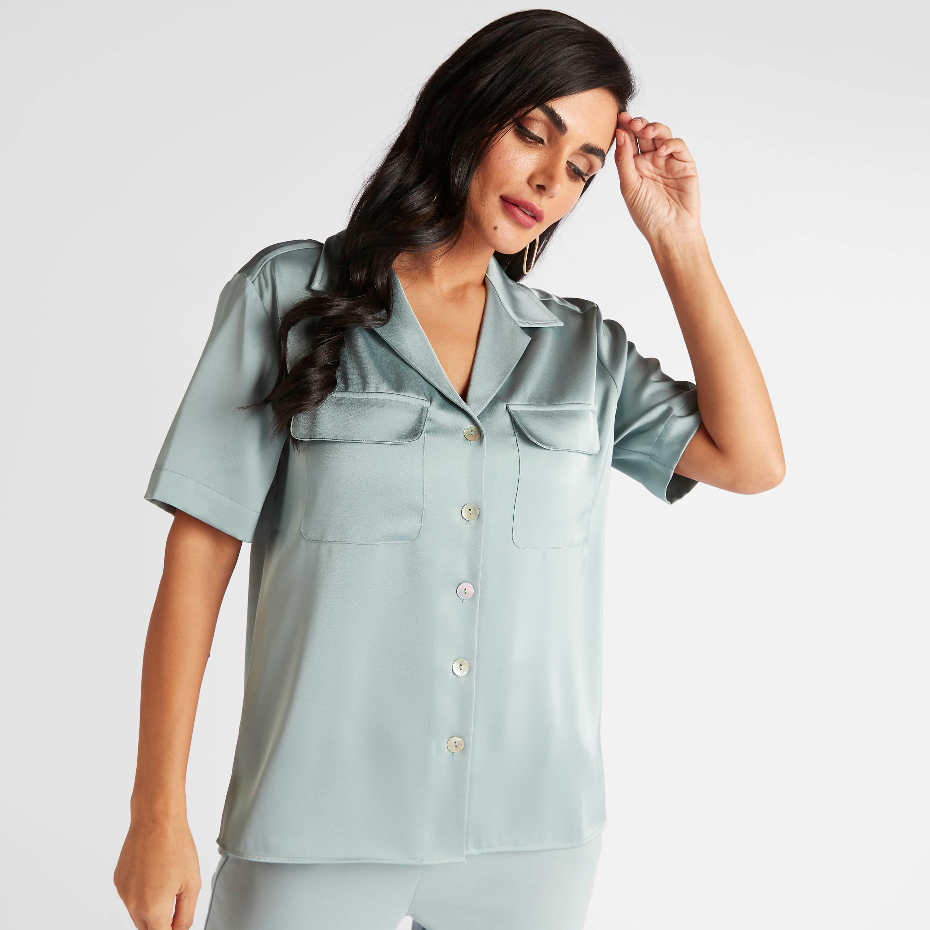 Solid Collared Shirt with Short Sleeves and Flap Pockets-women-clothing-shirtsandblouses-shirts-image-1