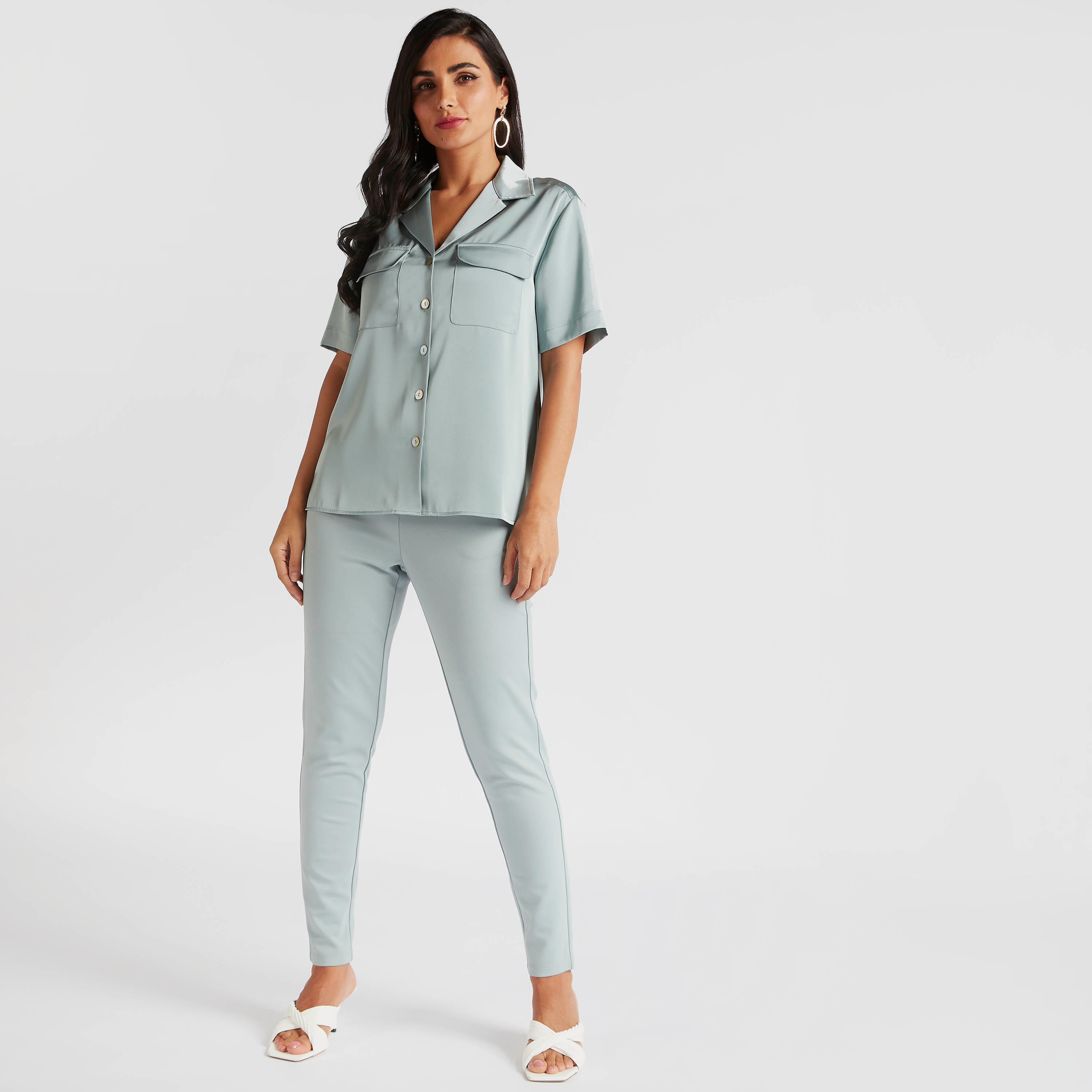 Solid Collared Shirt with Short Sleeves and Flap Pockets-women-clothing-shirtsandblouses-shirts-image-2