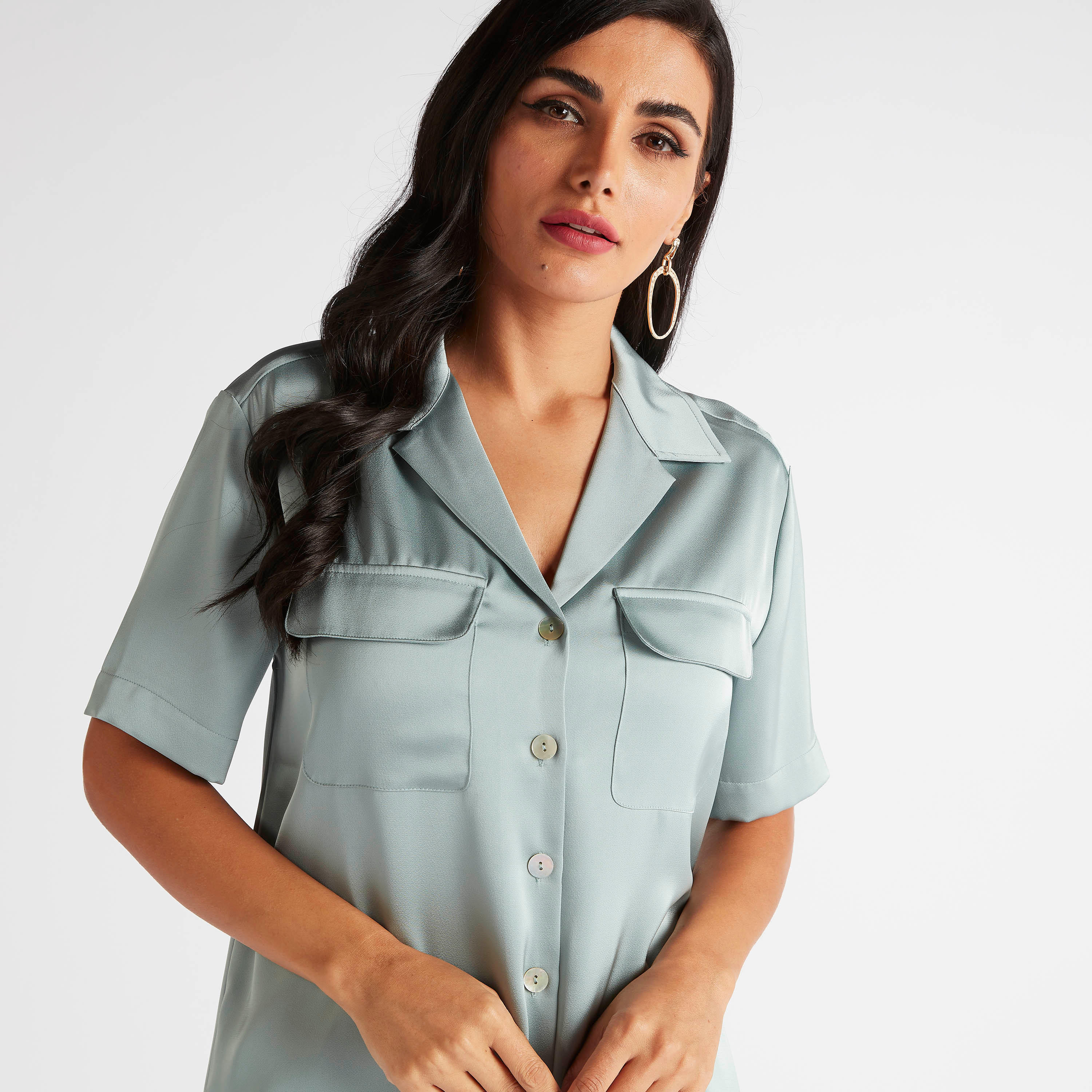 Solid Collared Shirt with Short Sleeves and Flap Pockets-women-clothing-shirtsandblouses-shirts-image-3